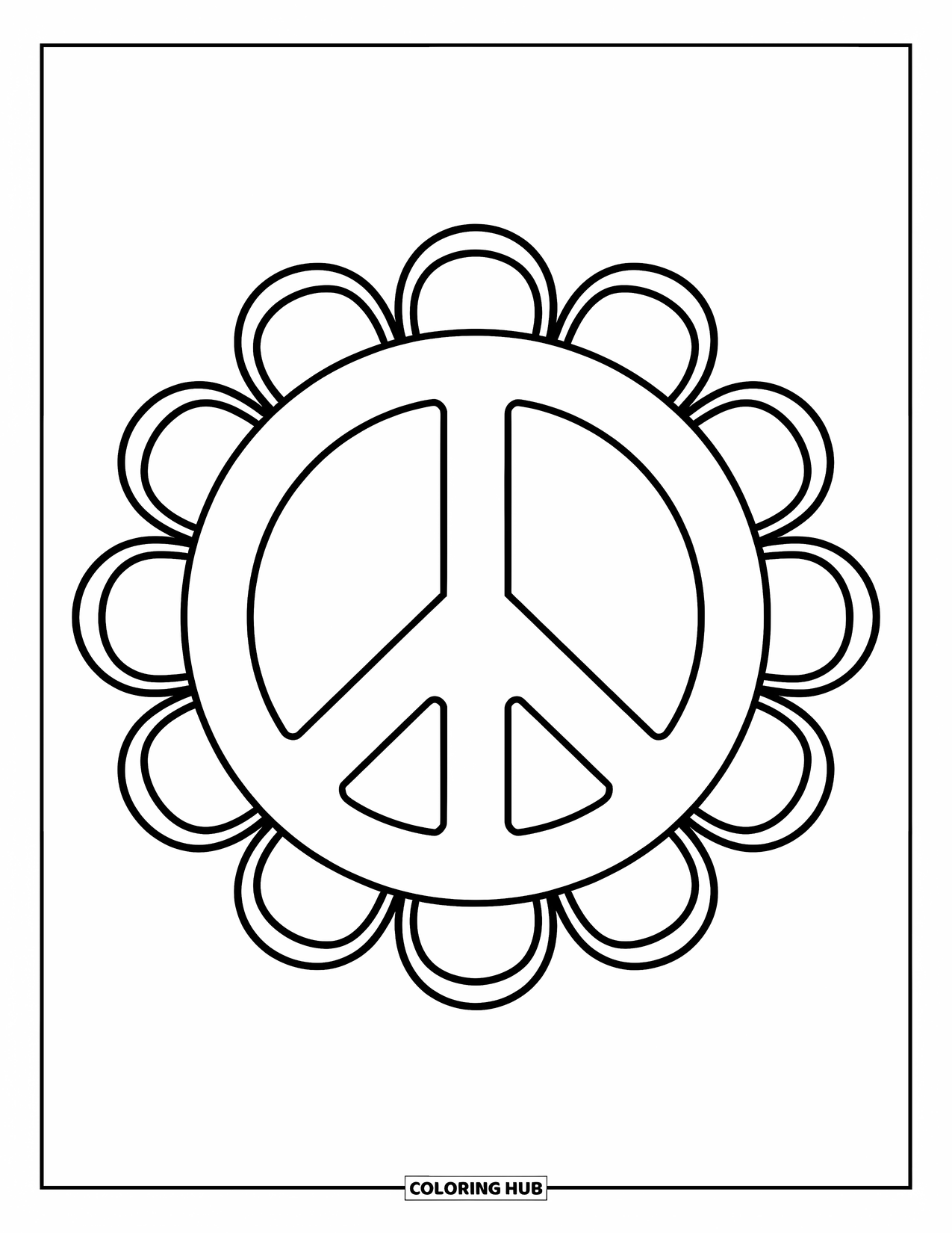 Groovy Coloring Page for Kids: Big peace sign with chunky petals in a fun retro style