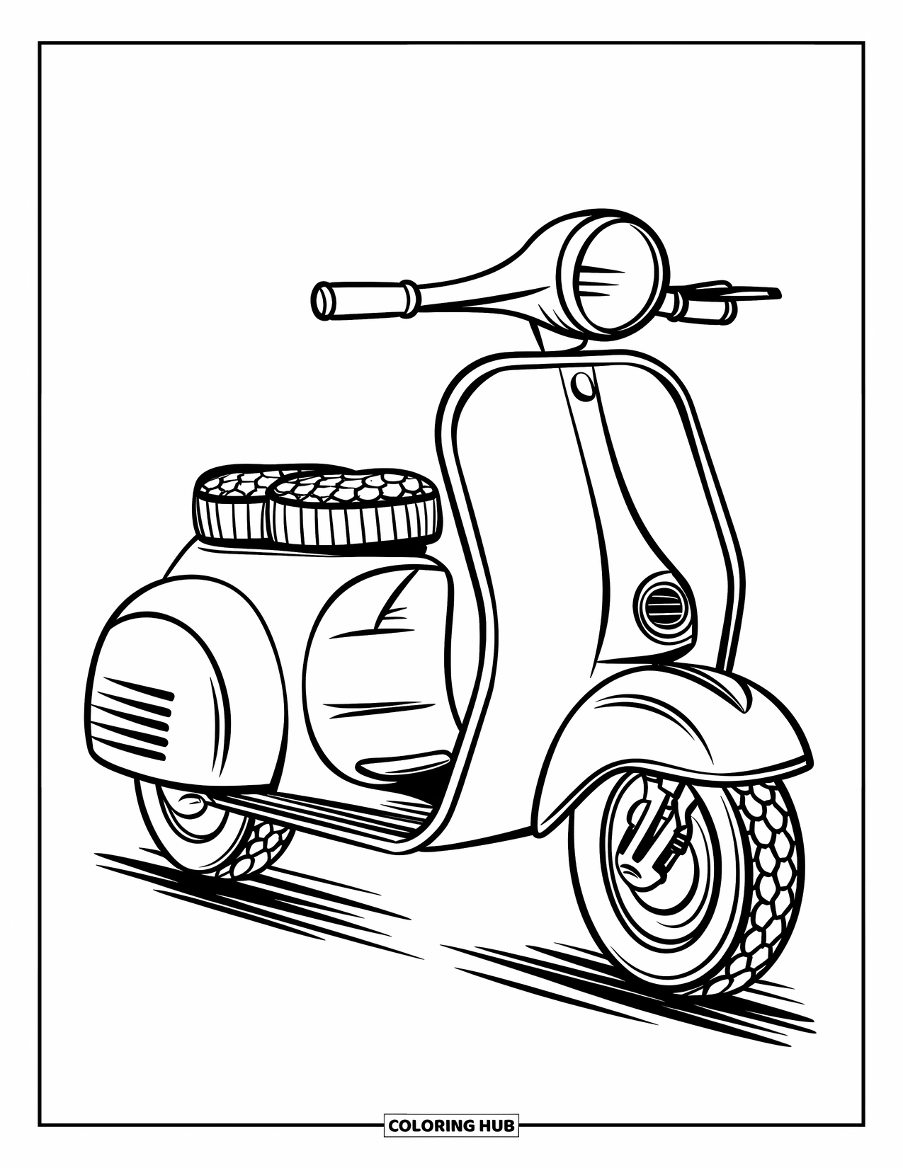Groovy Coloring Page for Kids: Chunky-tired scooter with patterned seat on a simple background