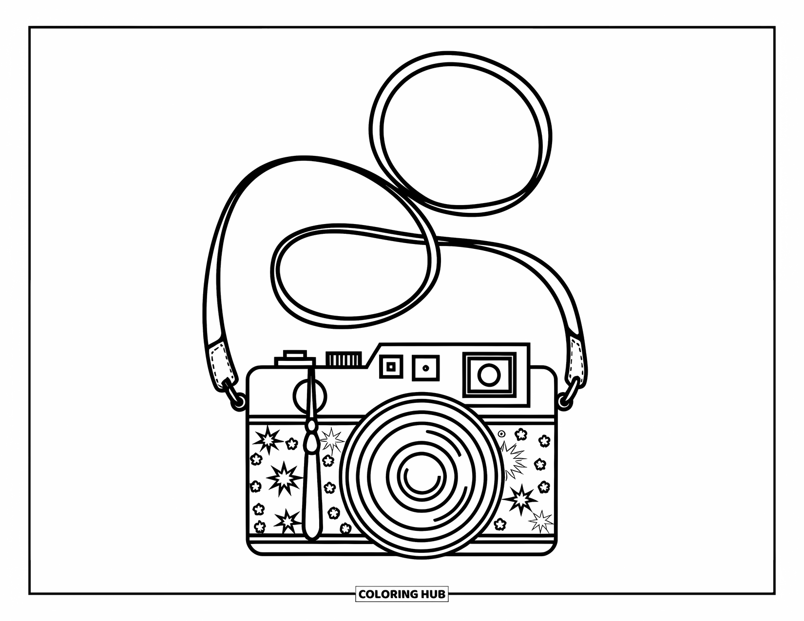 Groovy Coloring Page for Kids: Classic camera with bold lines, sparkle, and a cool strap