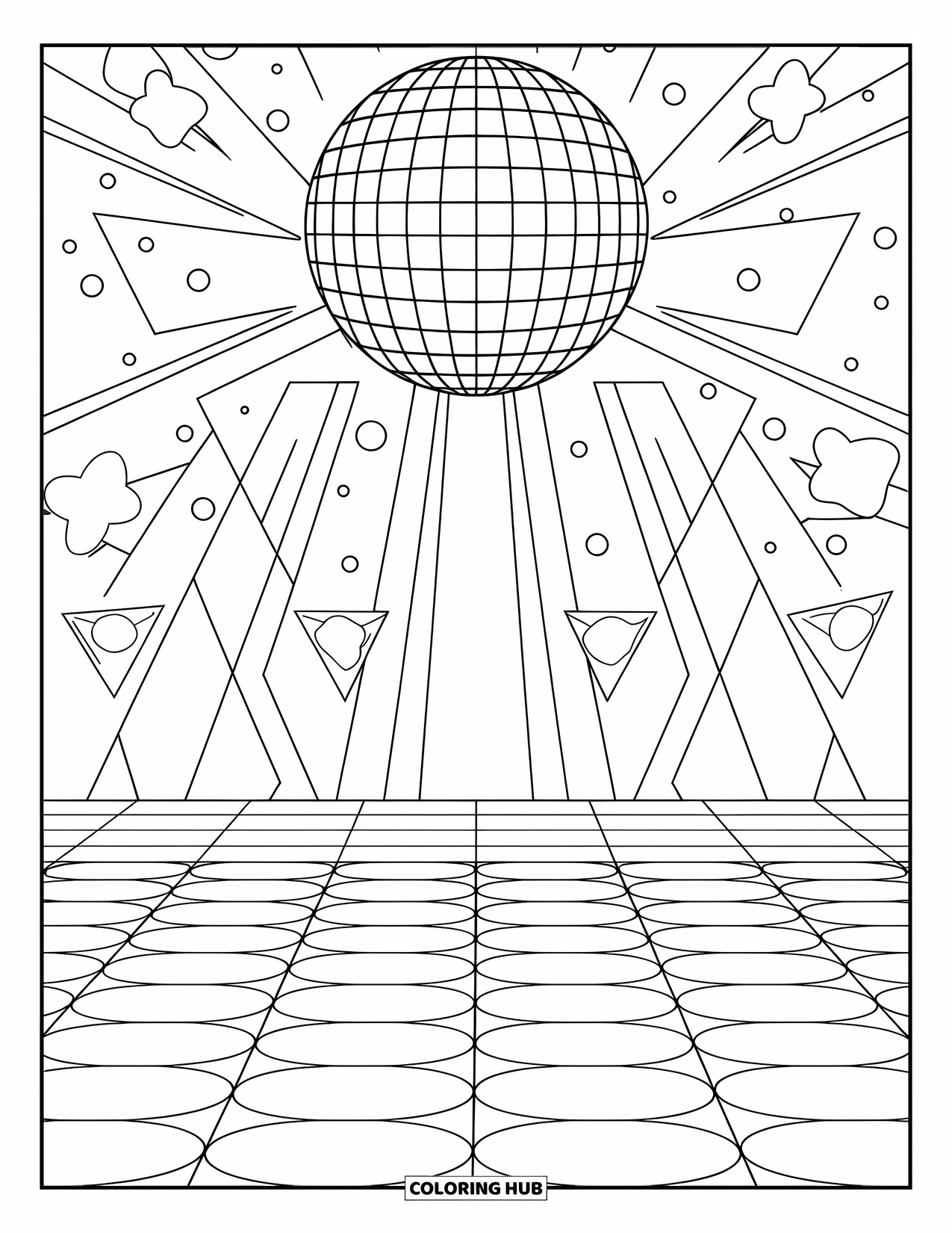 Groovy Coloring Page for Kids: Disco ball lighting up a funky dance floor with bold lines