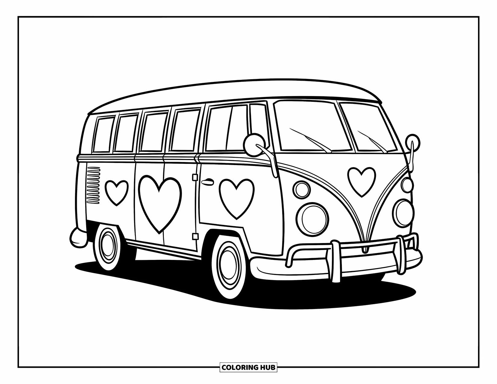 Groovy Coloring Page for Kids: Easy-to-color hippie van with hearts, stars, and playful charm