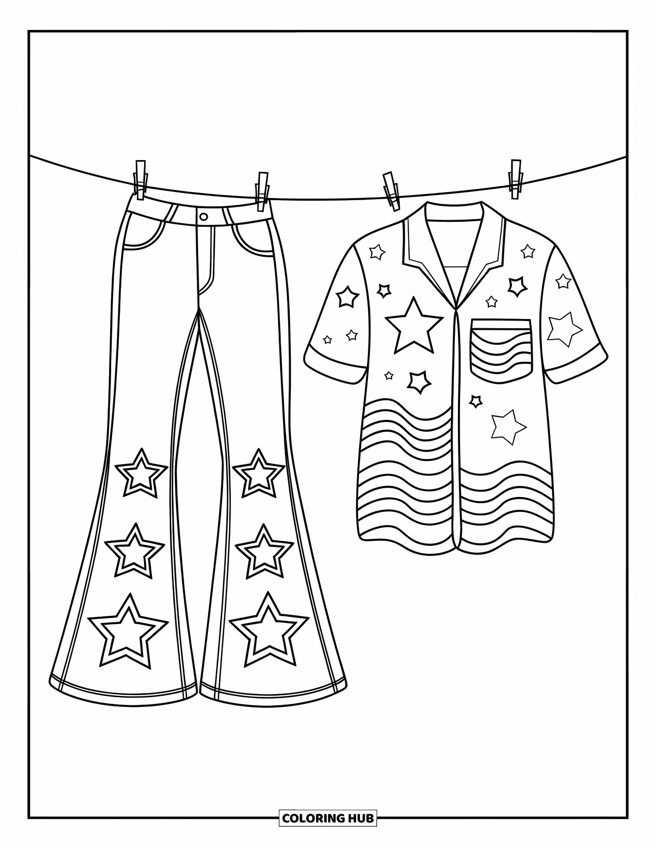 Groovy Coloring Page for Kids: Flared jeans and retro shirt with stitched stars on a clothesline