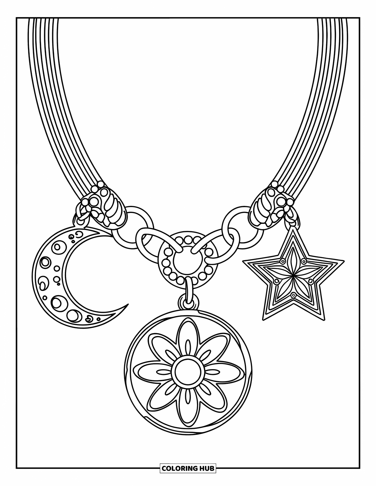Groovy Coloring Page for Kids: Floating necklace with cute retro-themed charms