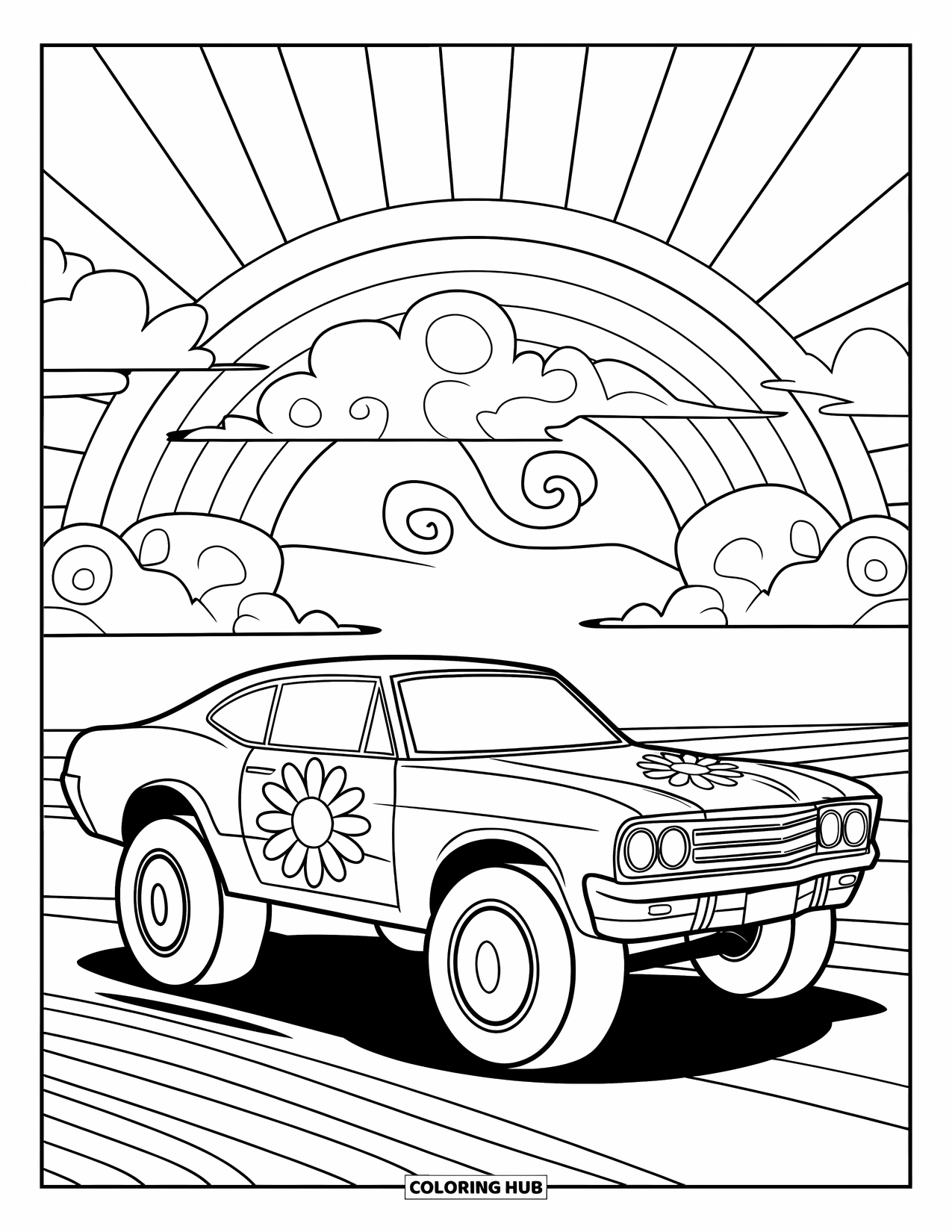 Groovy Coloring Page for Kids: Flower car cruising under a rainbow sky with swirling clouds