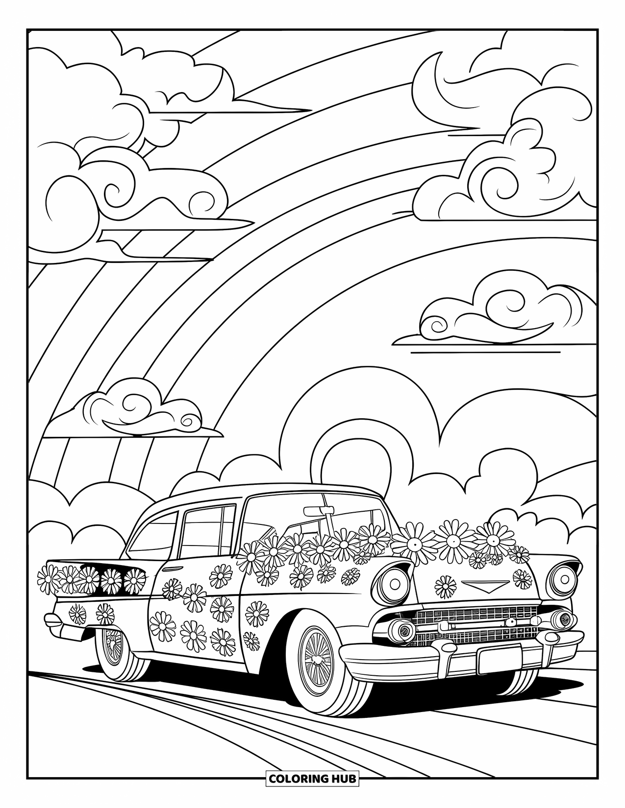 Groovy Coloring Page for Kids: Flower-power car beneath a rainbow filled with retro vibes