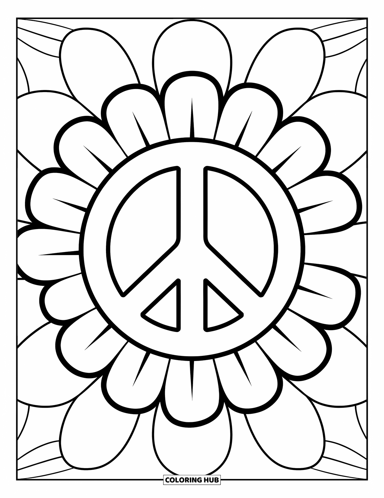 Groovy Coloring Page for Kids: Flower-shaped peace sign with thick petals and cheerful lines