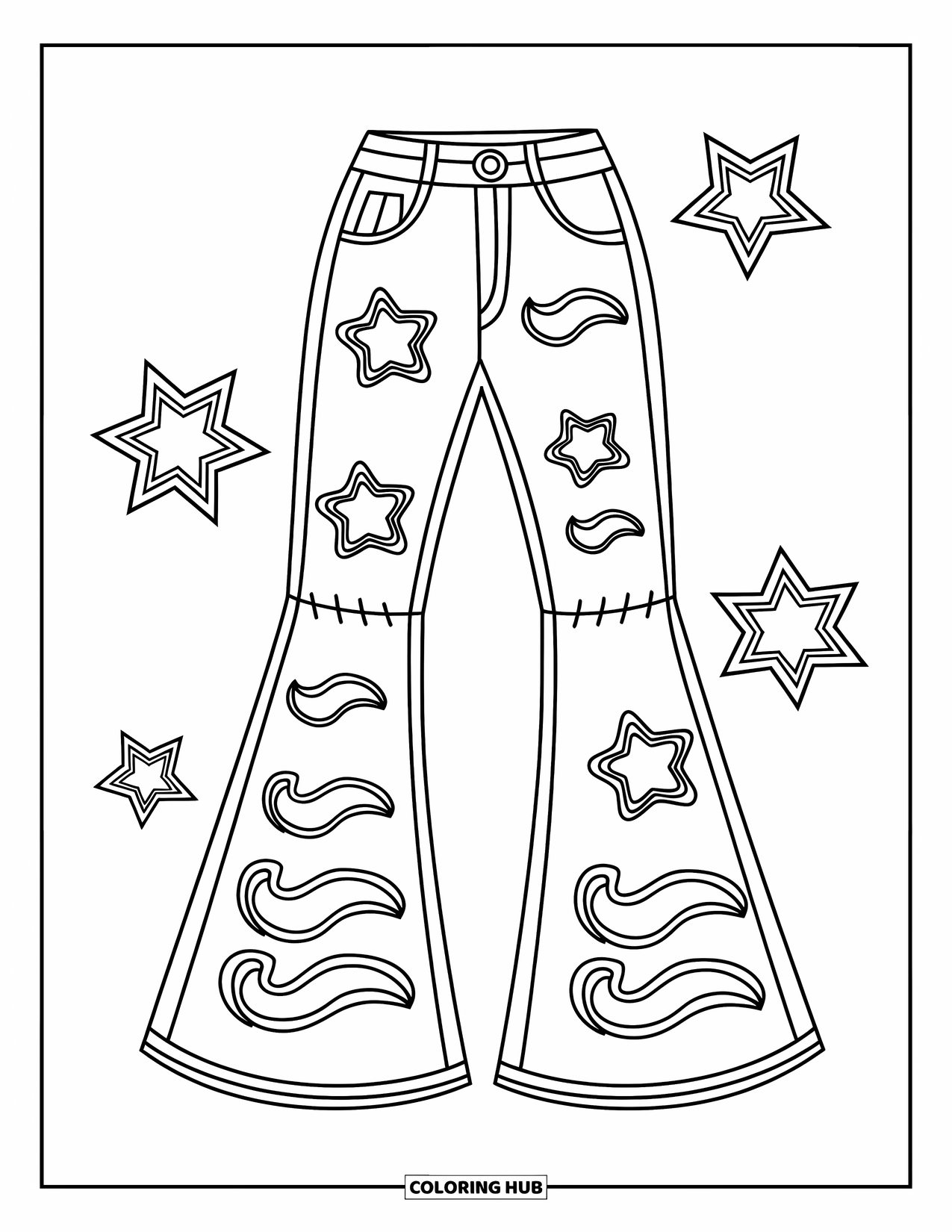 Groovy Coloring Page for Kids: Fun flared jeans with crisp outlines and wavy stitched designs
