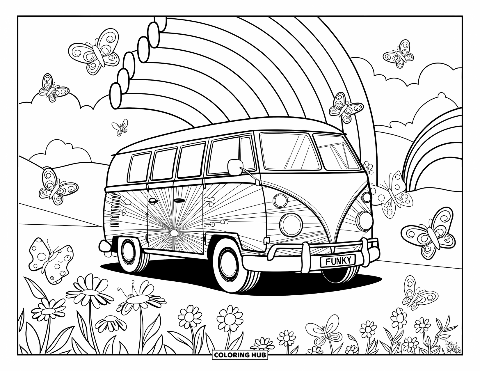 Groovy Coloring Page for Kids: "FUNKY" van in a flower-filled scene with rainbows and flying butterflies