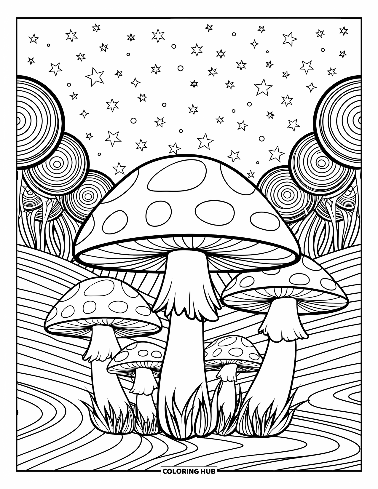 Groovy Coloring Page for Kids: Groovy mushrooms and wavy grass under star-filled skies