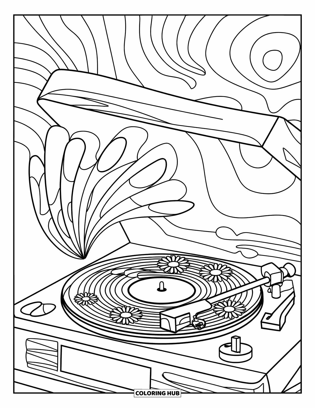 Groovy Coloring Page for Kids: Groovy record player with music turning into flowers and patterns