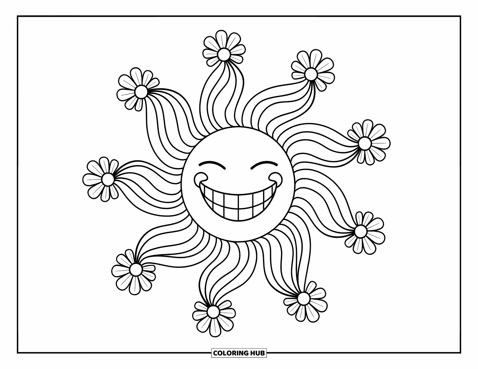Groovy Coloring Page for Kids: Groovy sun with a wide smile and swirling floral rays