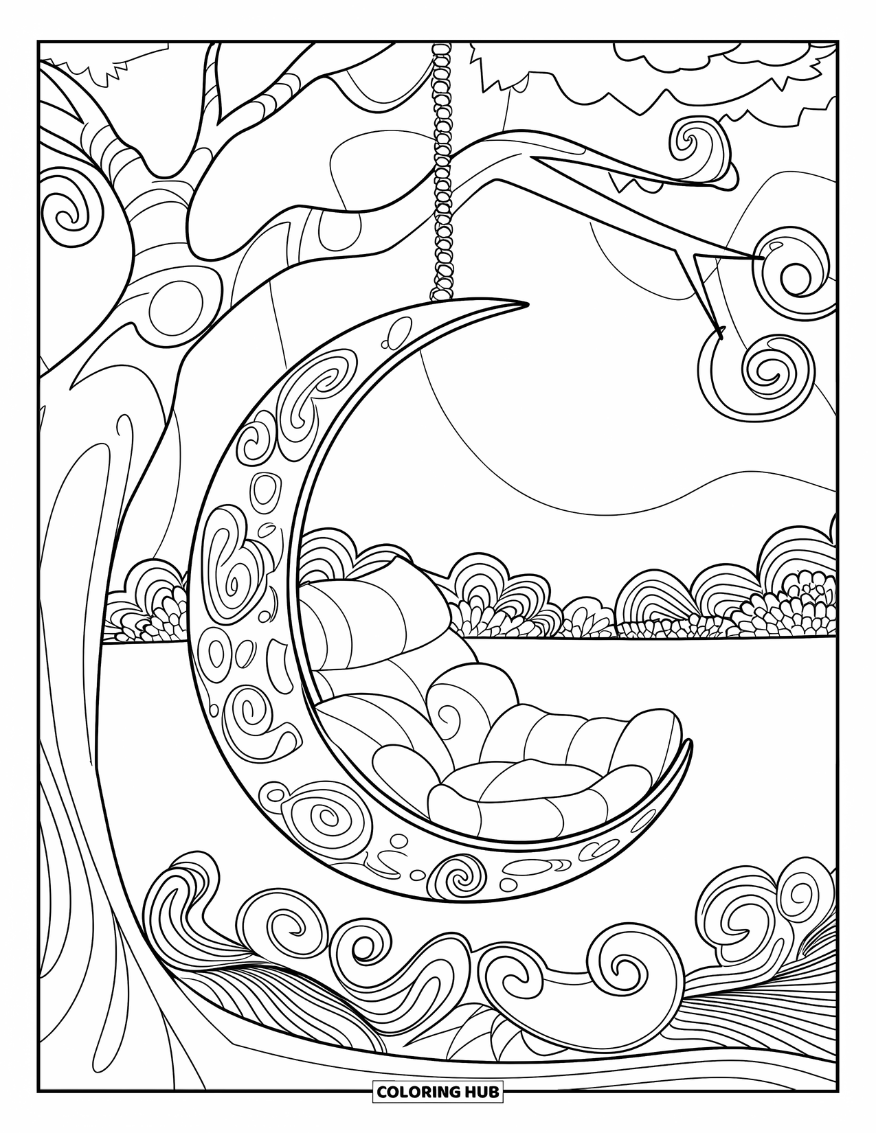 Groovy Coloring Page for Kids: Hanging chair with swirls and pillows in a grassy field