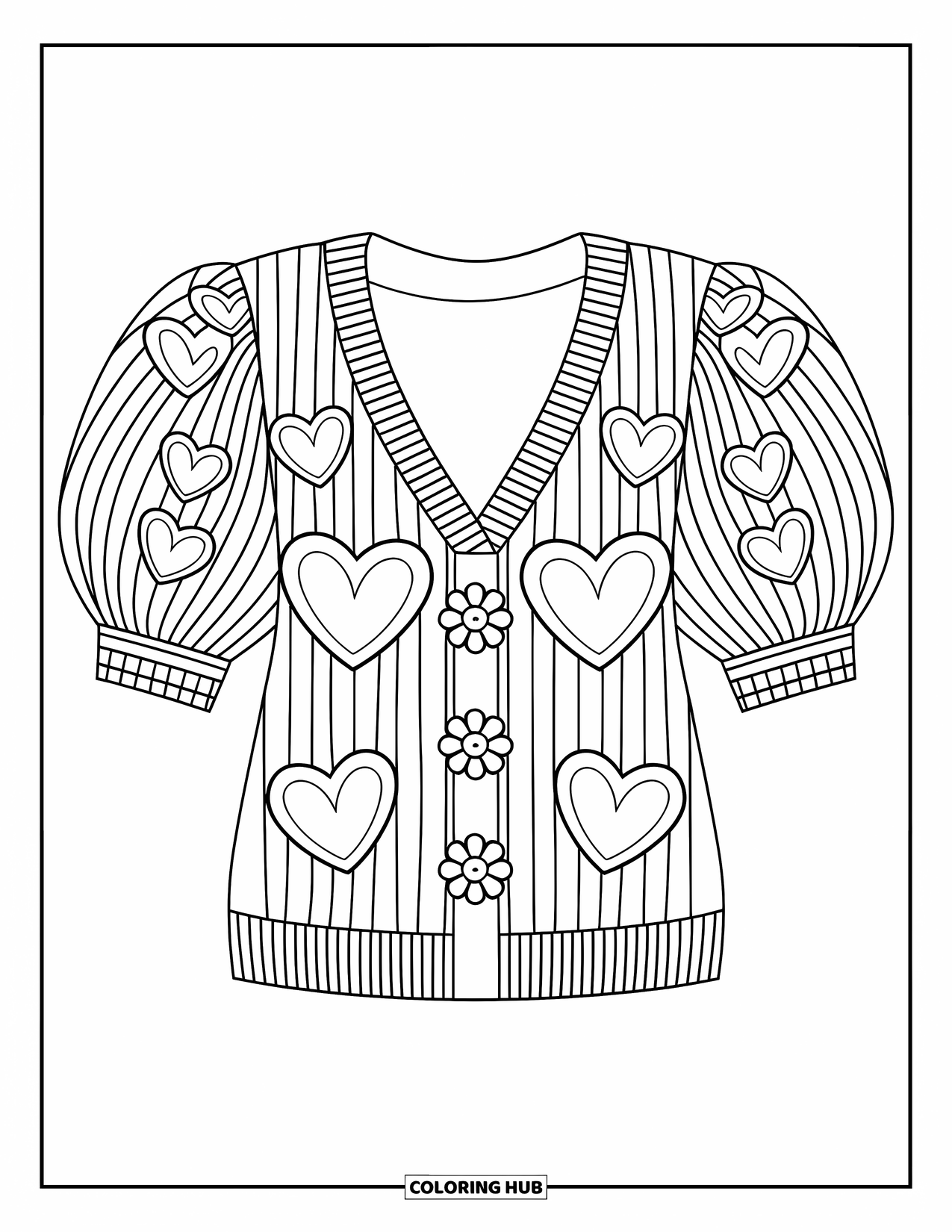 Groovy Coloring Page for Kids: Heart-accented puff-sleeve shirt with a v-neck and stripes