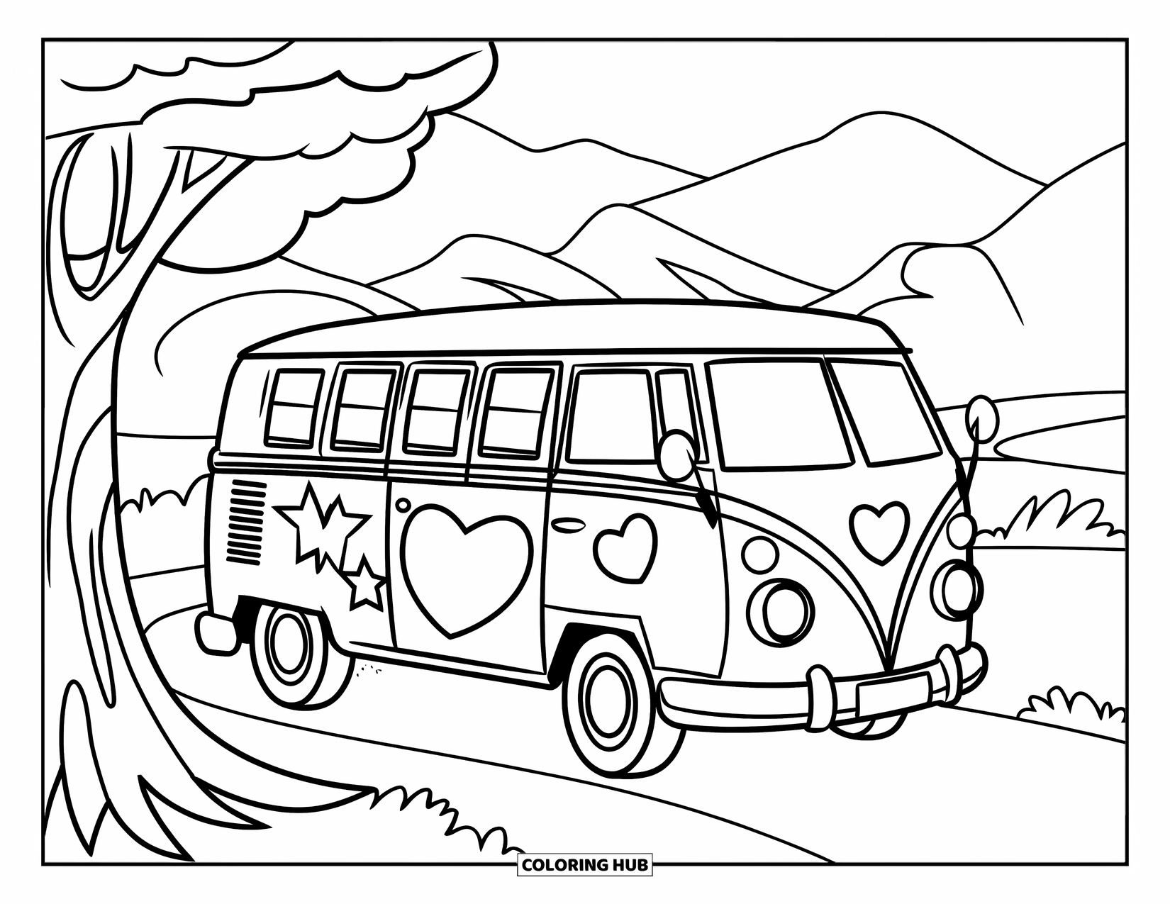 Groovy Coloring Page for Kids: Hippie van with hearts and stars parked by a tree