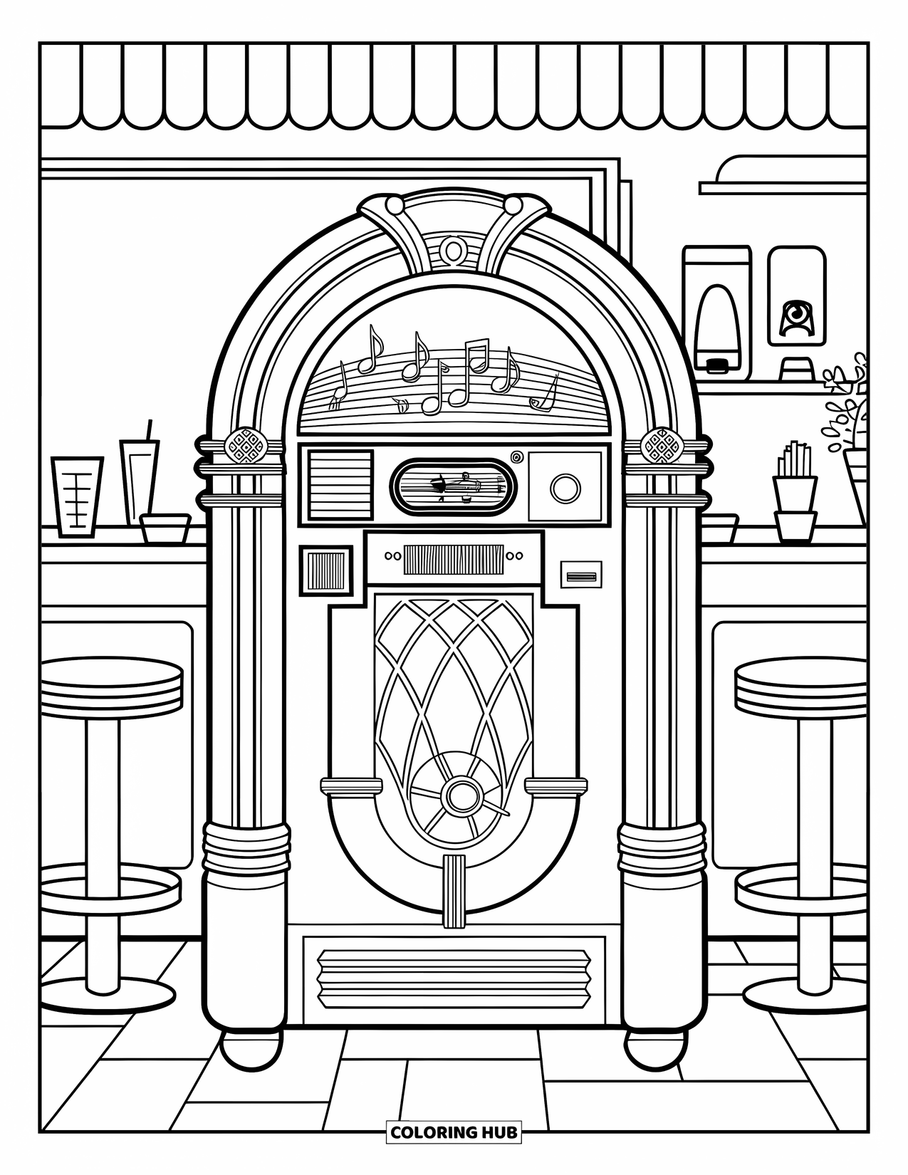 Groovy Coloring Page for Kids: Jukebox in a diner scene with notes and cozy counter items
