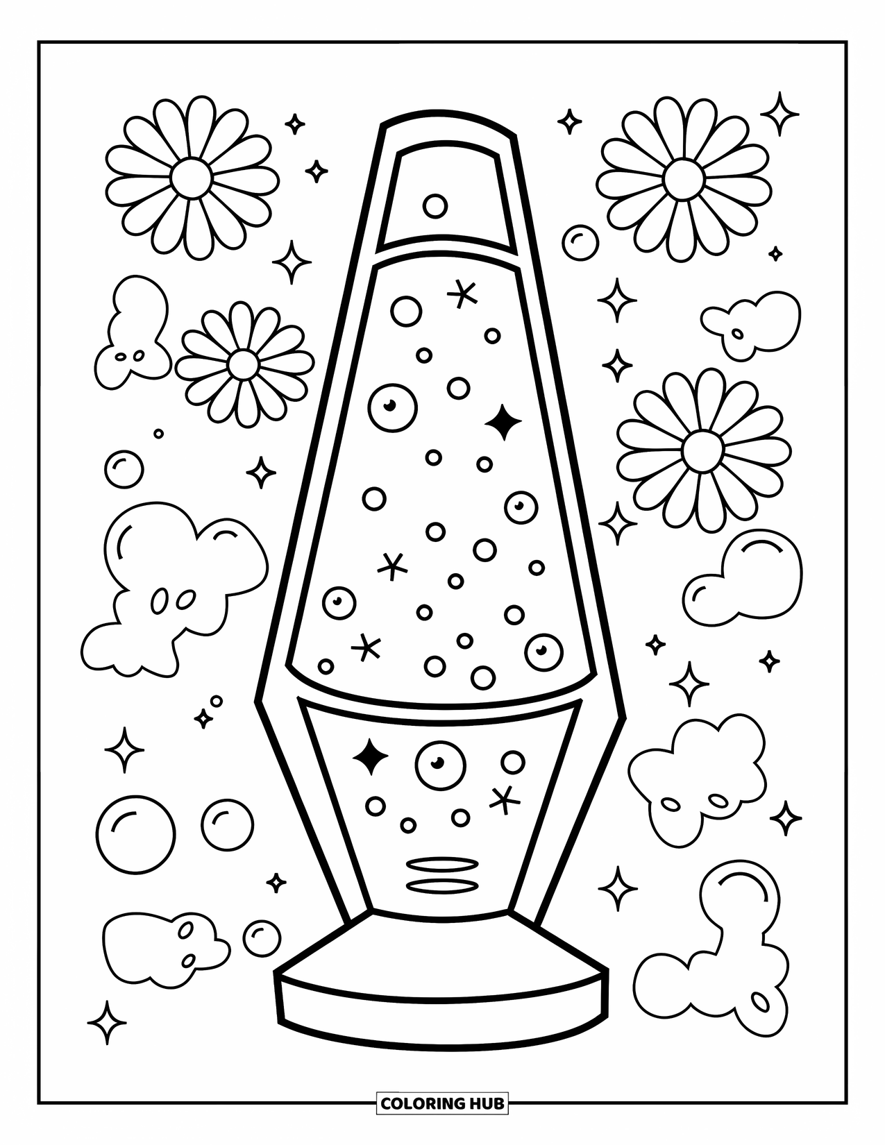 Groovy Coloring Page for Kids: Lava lamp with floating daisies, stars, and bubbles