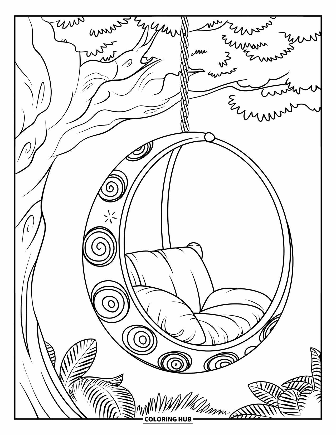 Groovy Coloring Page for Kids: Moon-shaped hanging chair with swirl pillows dangling from a tree