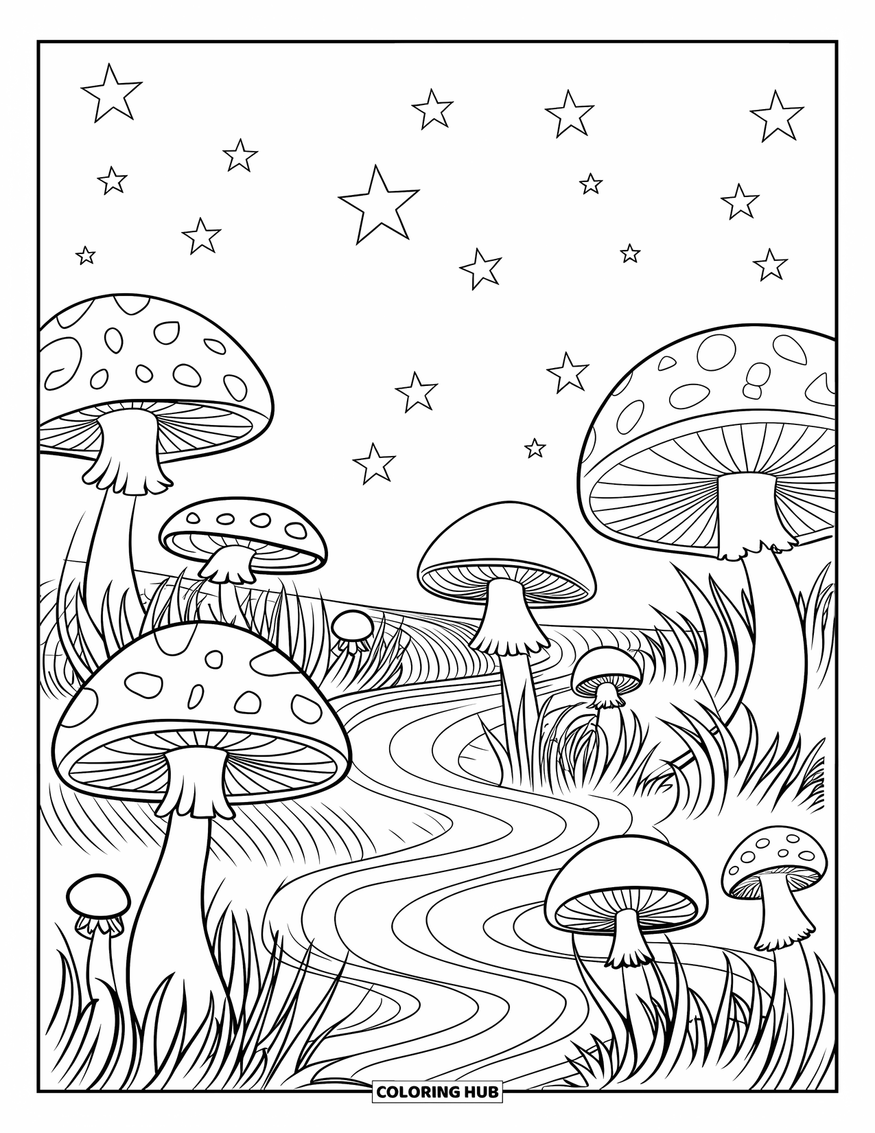 Groovy Coloring Page for Kids: Mushroom field with stars and curly grass lines