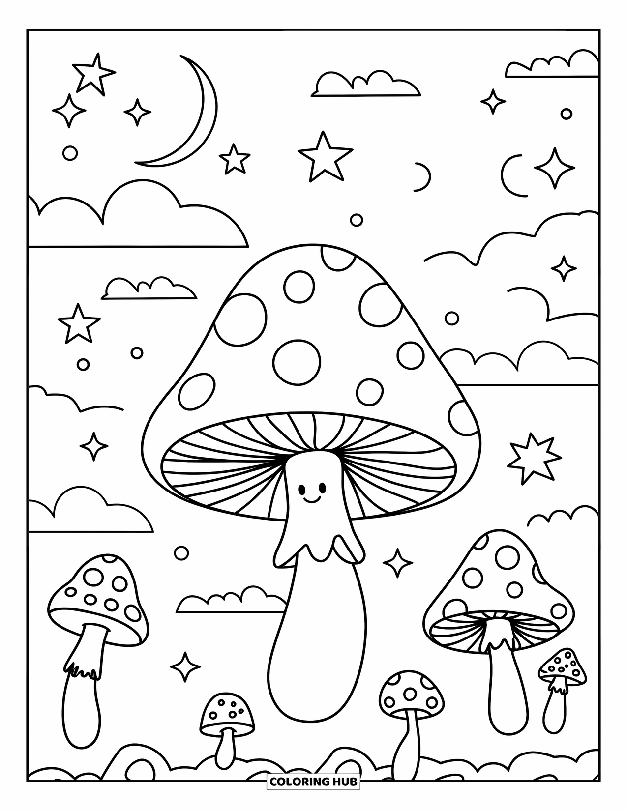 Groovy Coloring Page for Kids: Mushrooms with faces floating in a sky of stars, clouds, and moons