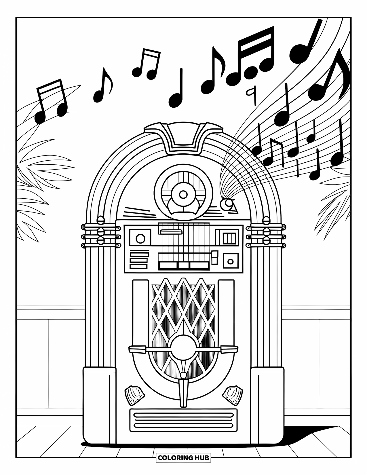 Groovy Coloring Page for Kids: Music-filled jukebox surrounded by plants and swirling notes