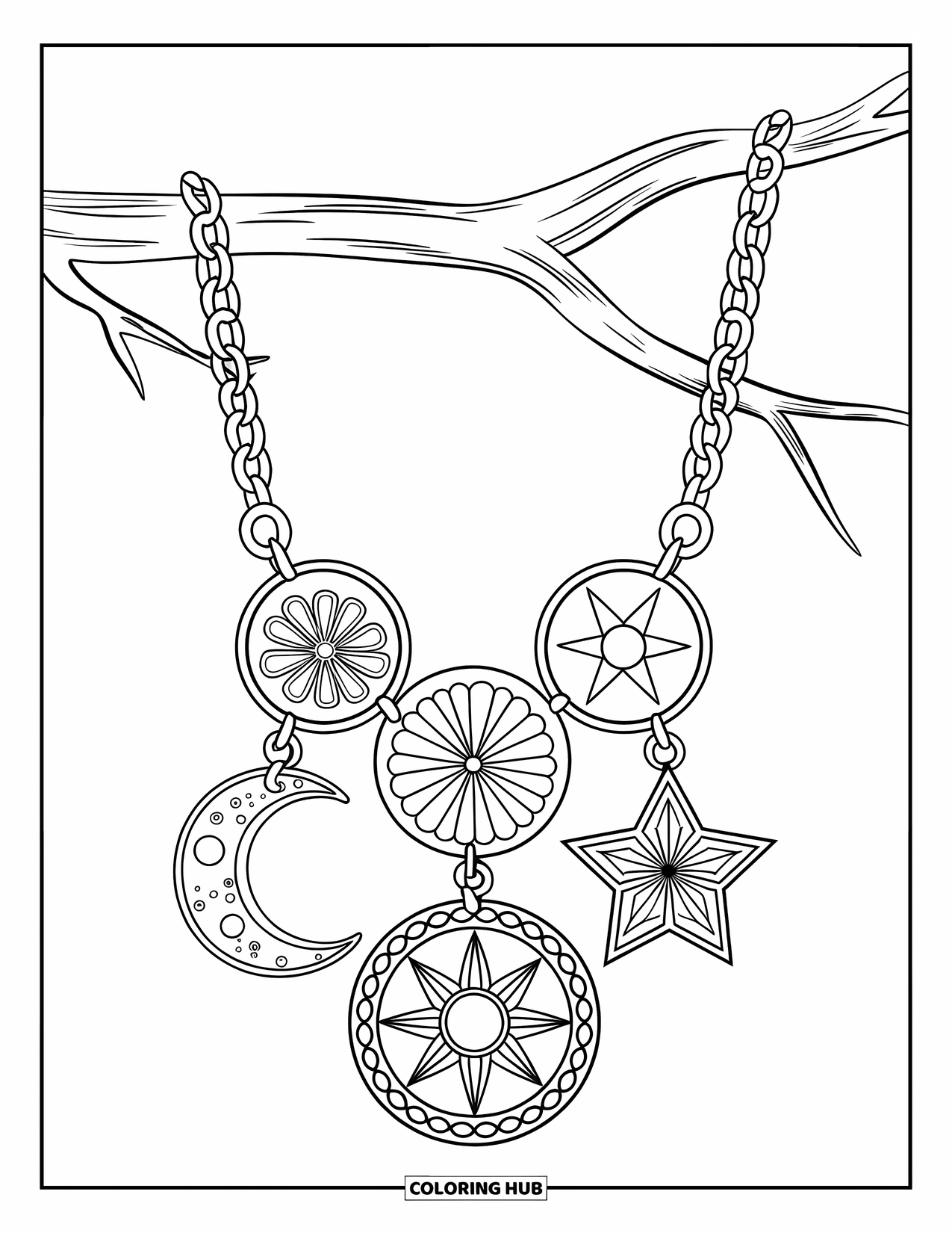 Groovy Coloring Page for Kids: Necklace with moon, flower, and star hanging from a branch