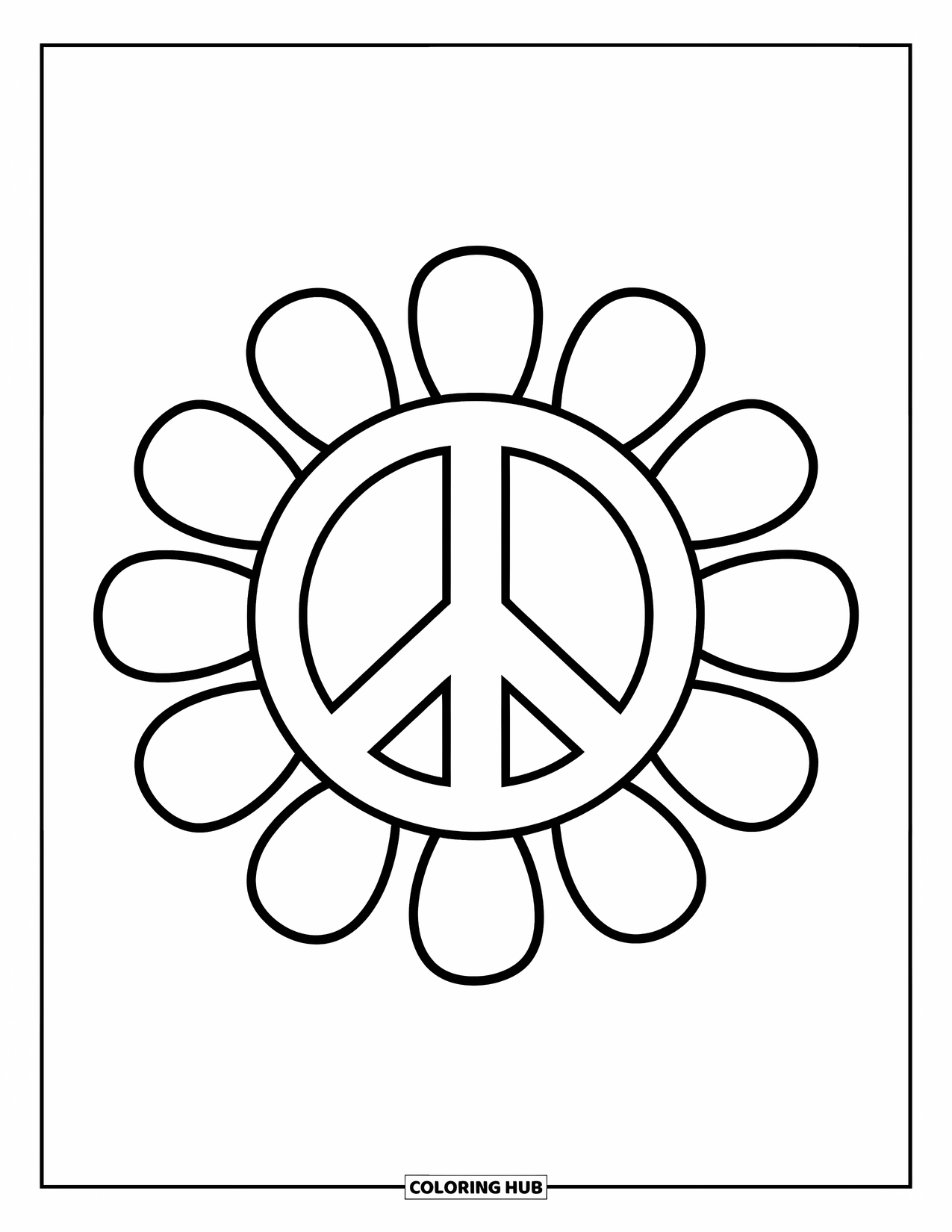 Groovy Coloring Page for Kids: Peace sign in the center of bold, rounded flower petals