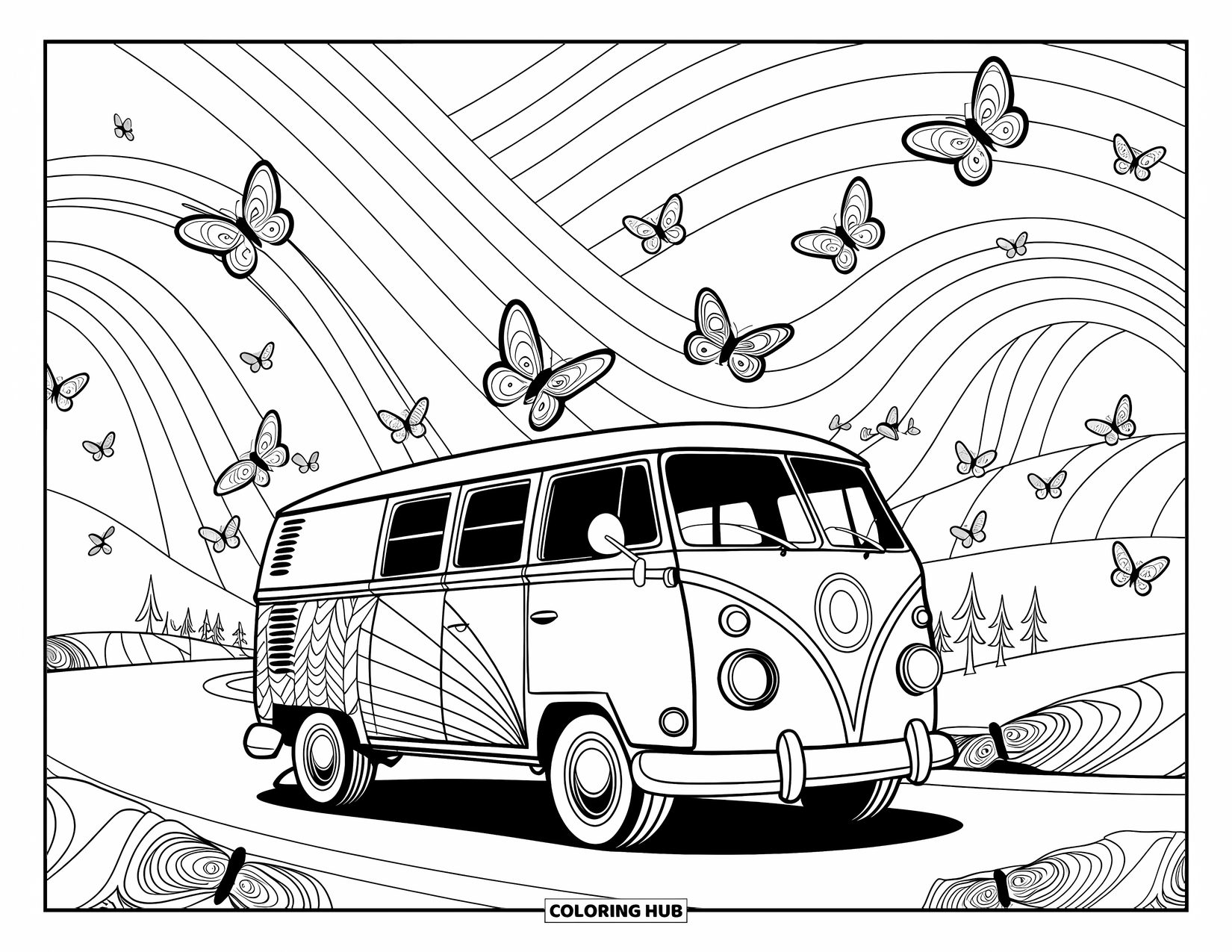 Groovy Coloring Page for Kids: Psychedelic van driving through hills with butterflies and rainbow skies