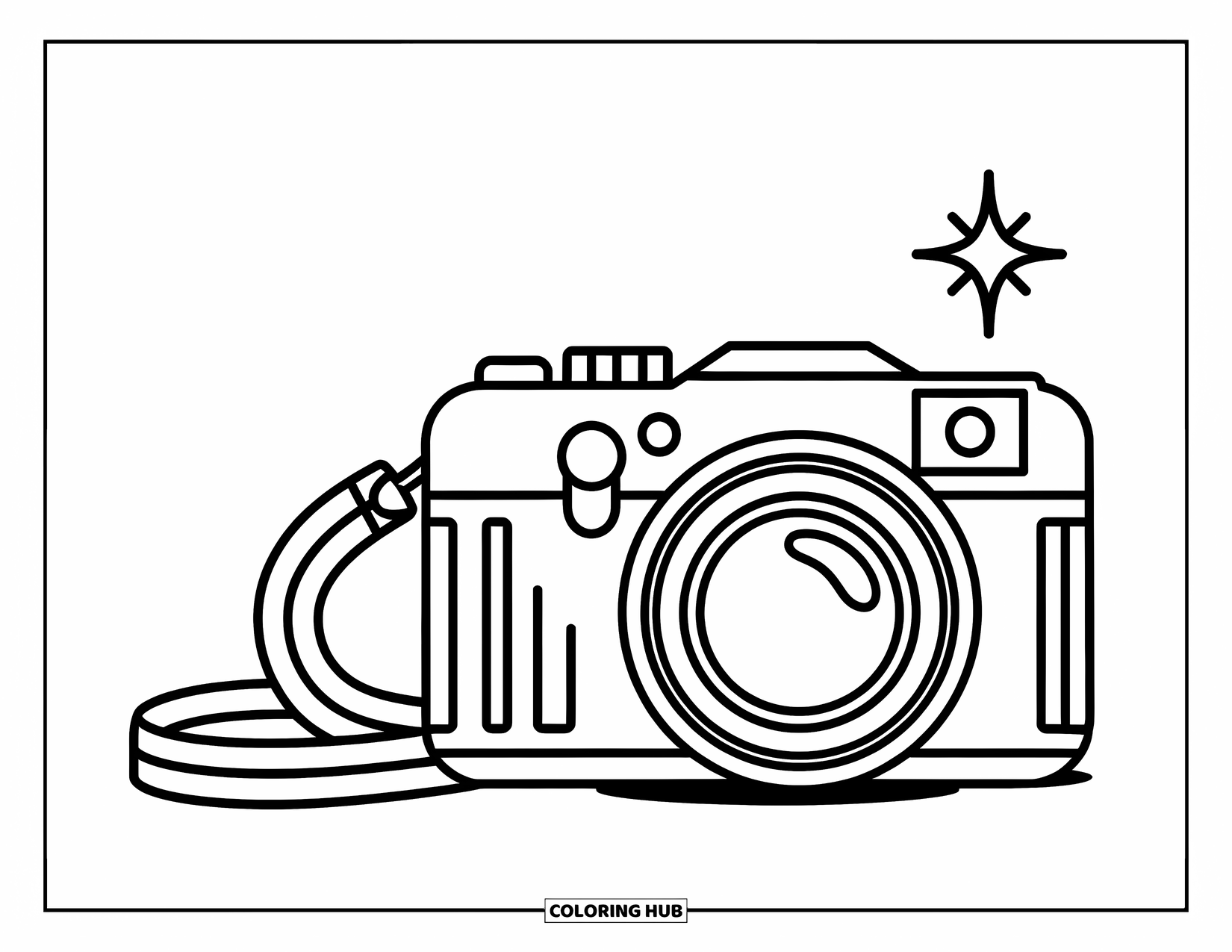 Groovy Coloring Page for Kids: Retro camera with dreamy sparkles and a funky strap