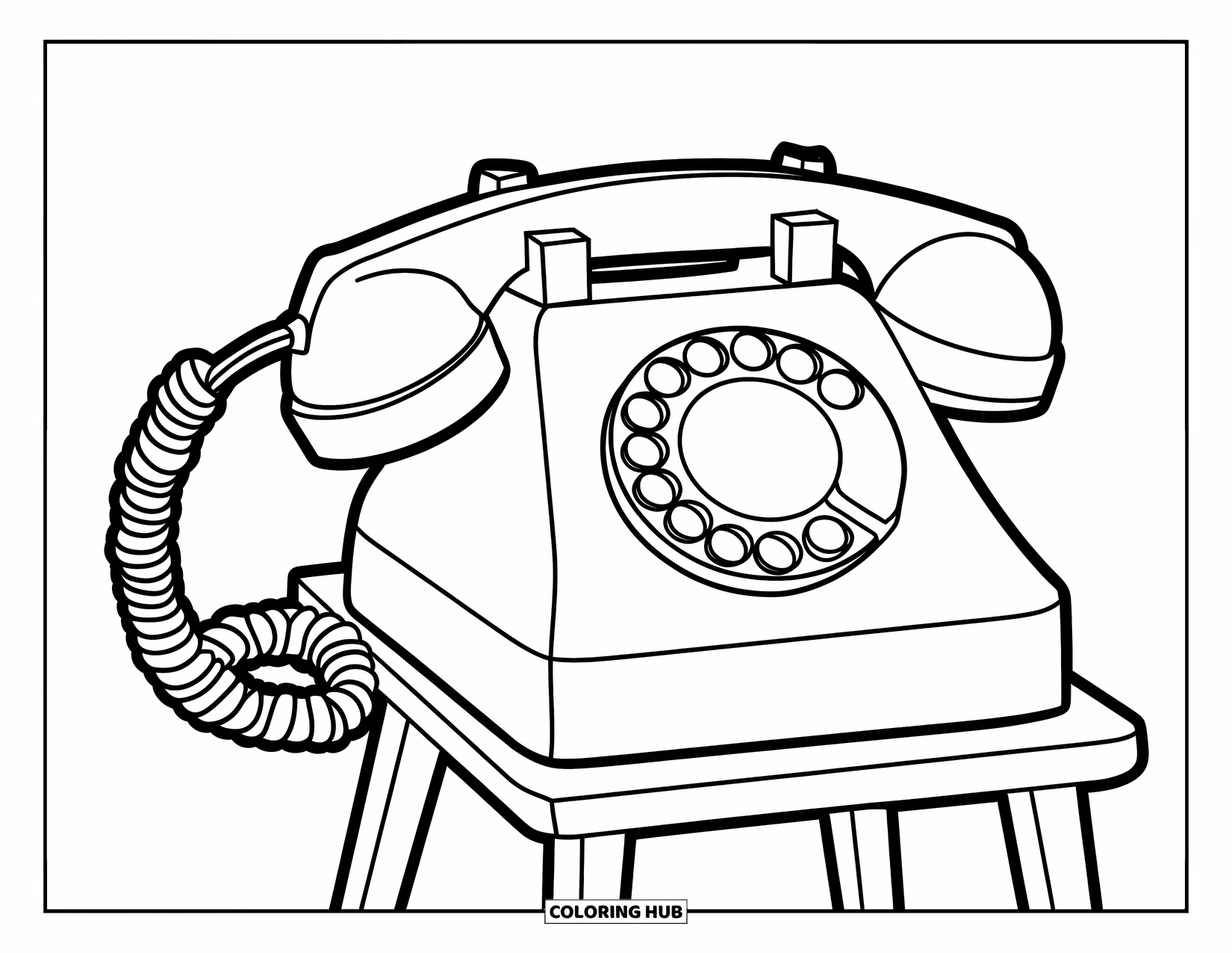 Groovy Coloring Page for Kids: Retro phone on a wooden stand with playful lines
