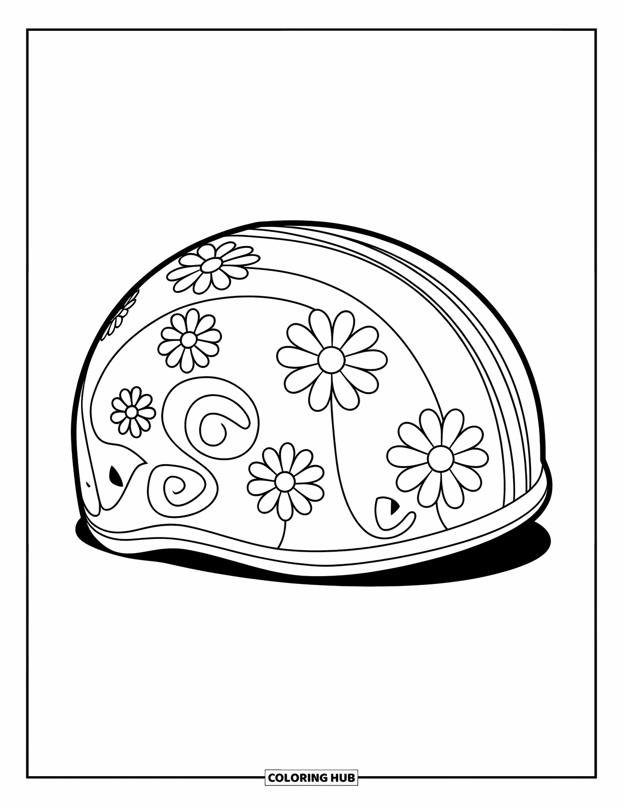 Groovy Coloring Page for Kids: Scooter helmet with daisy decals and swirling designs