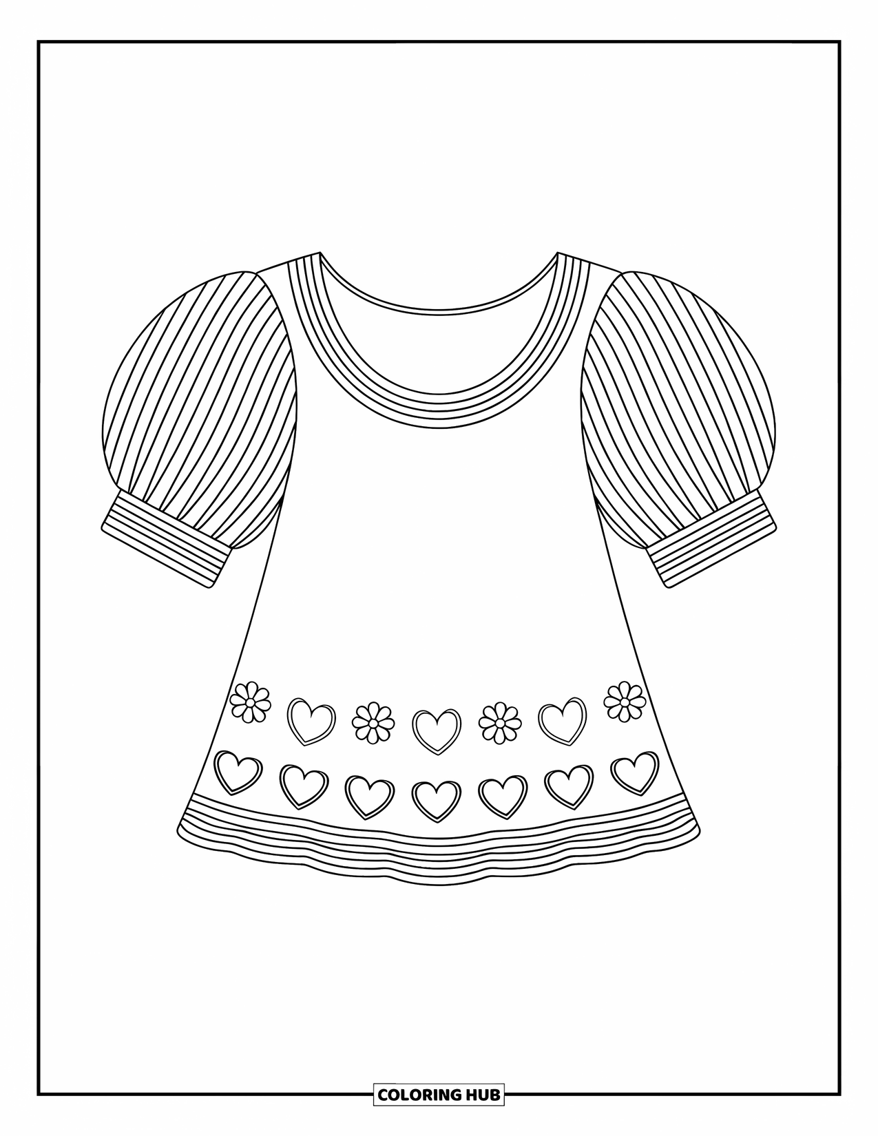 Groovy Coloring Page for Kids: Soft puff-sleeve top with hearts, flowers, and light stripes