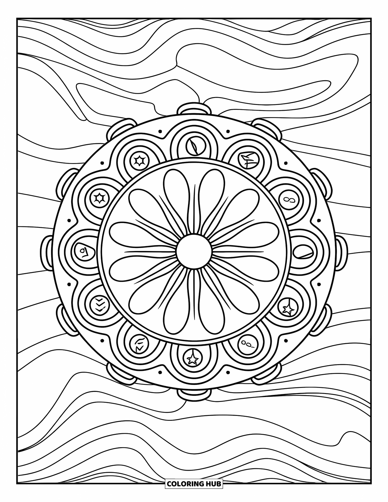 Groovy Coloring Page for Kids: Spinning flower surrounded by retro swirls and petal icons
