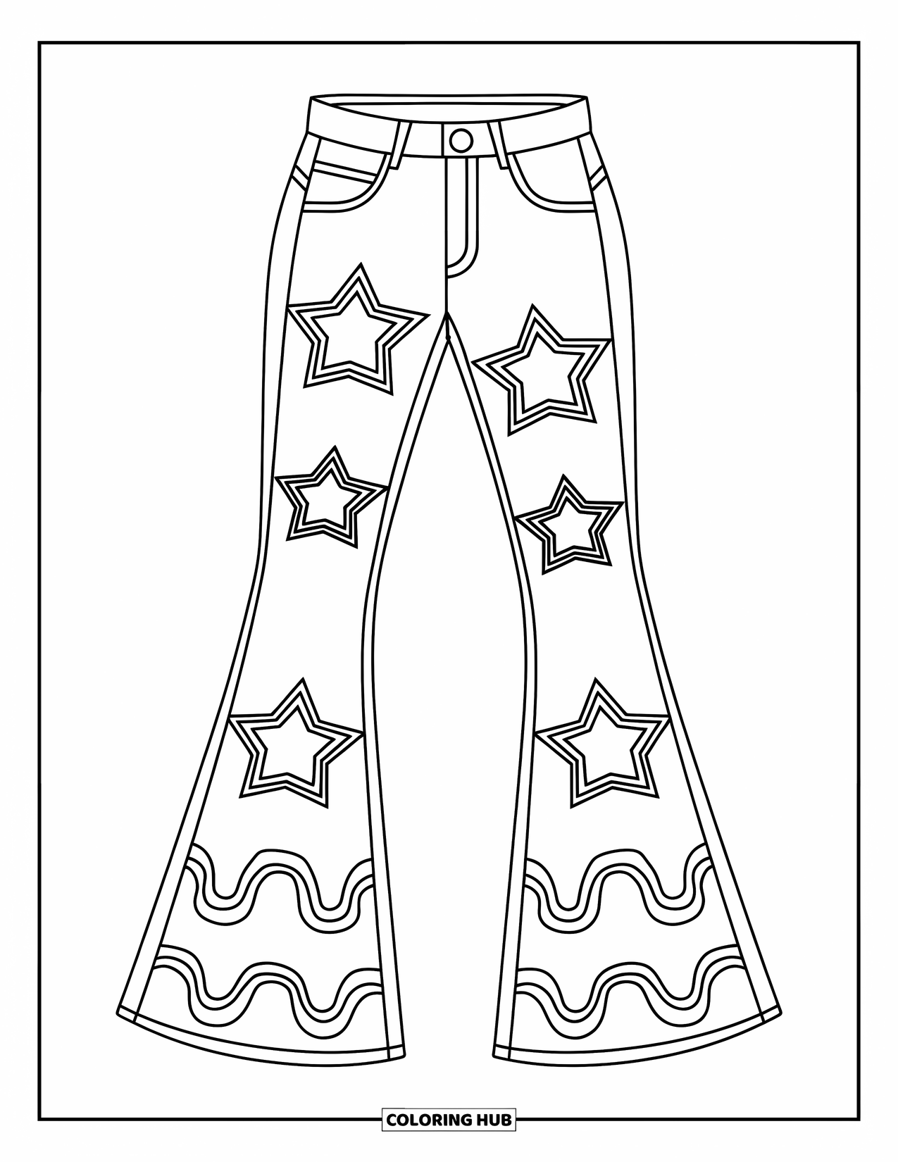 Groovy Coloring Page for Kids: Starry flared jeans with waves drawn in bold outlines