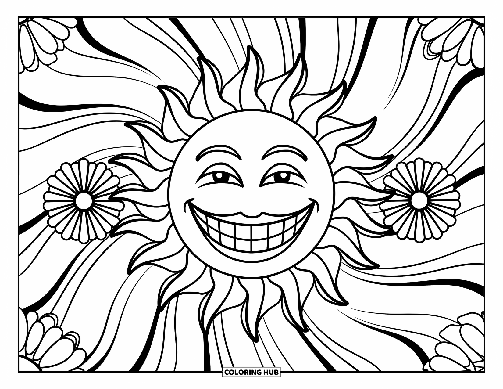 Groovy Coloring Page for Kids: Sun with swirly rays and floral patterns in a dynamic retro style
