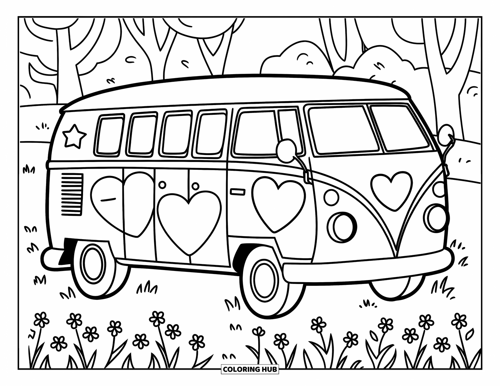 Groovy Coloring Page for Kids: Van in a flower field with big hearts and stars on its side
