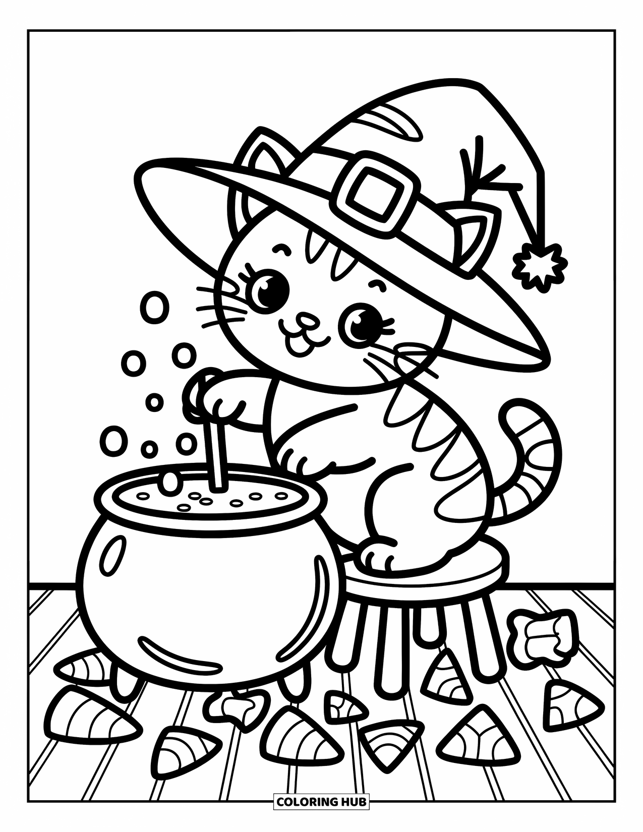 Halloween Cat Coloring Page for Adults: A cat in a floppy hat stirs a cauldron on a candy-covered wooden floor