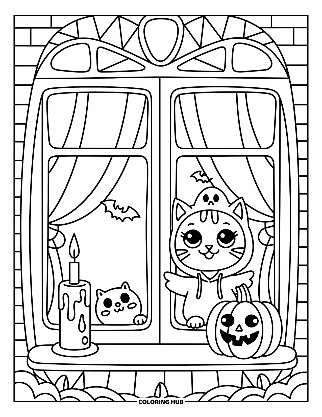 Halloween Cat Coloring Page for Adults: A cat in a haunted house window sits with a candle, pumpkin, and bat plushie