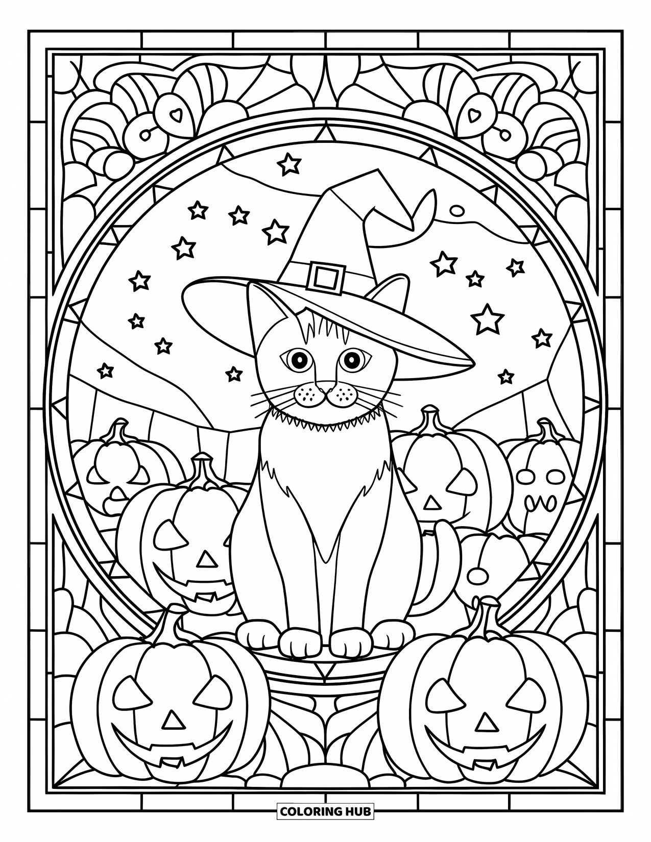 Halloween Cat Coloring Page for Adults: A cat in costume sits inside a detailed stained glass circle under a starry sky
