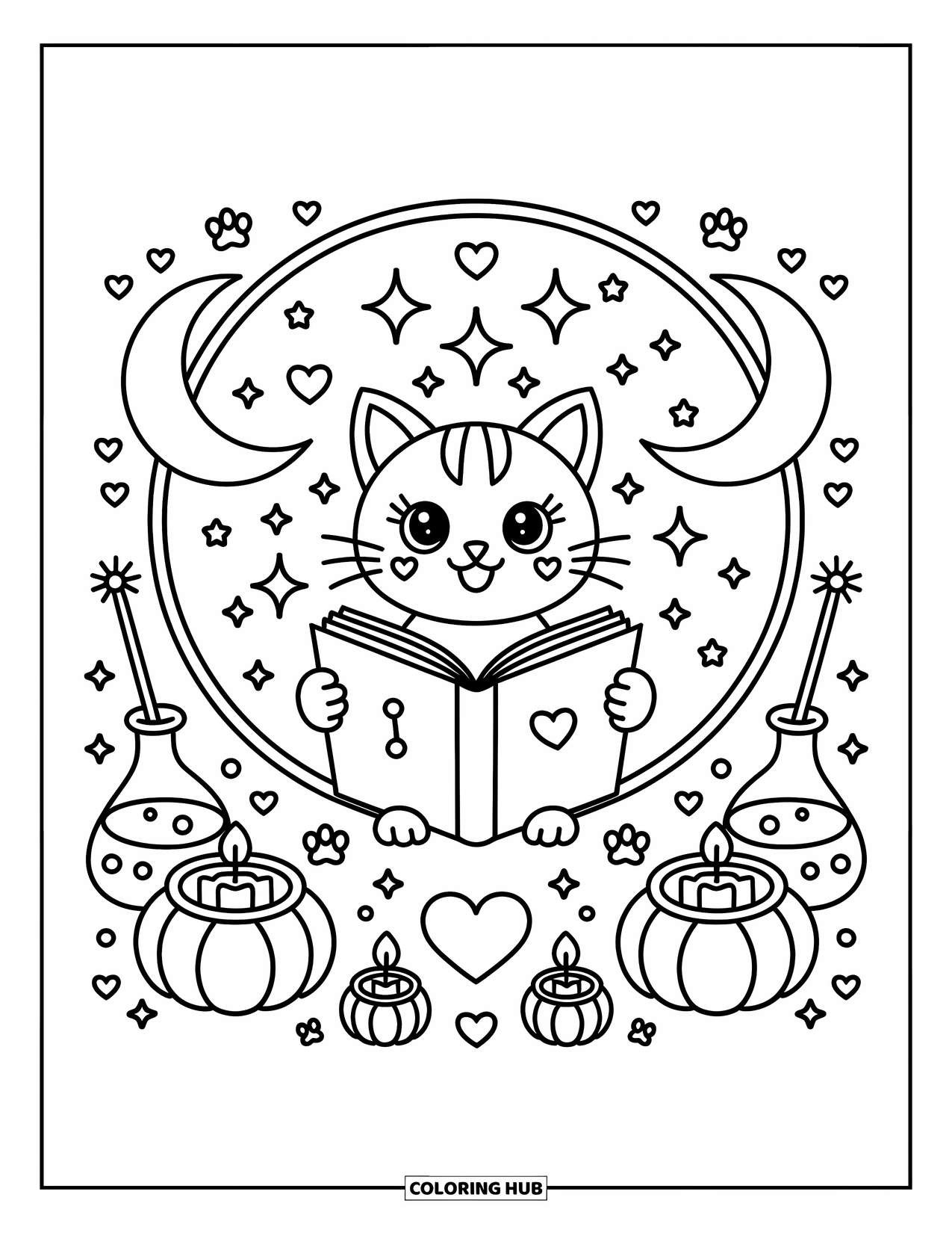 Halloween Cat Coloring Page for Adults: A cat reads a glowing spellbook inside a magical circle with pumpkins and potions
