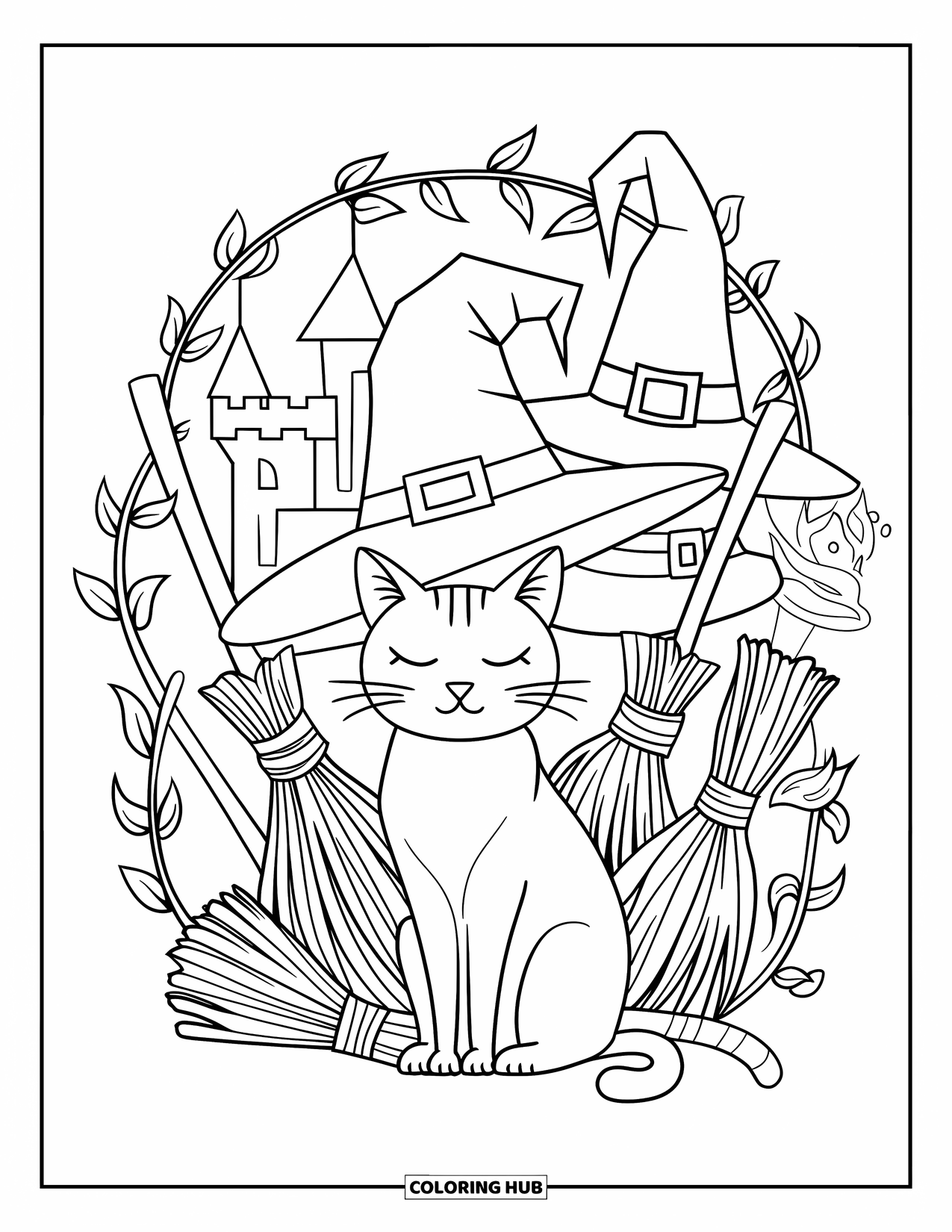 Halloween Cat Coloring Page for Adults: A cat rests among tall witch hats and broomsticks with a castle in the distance