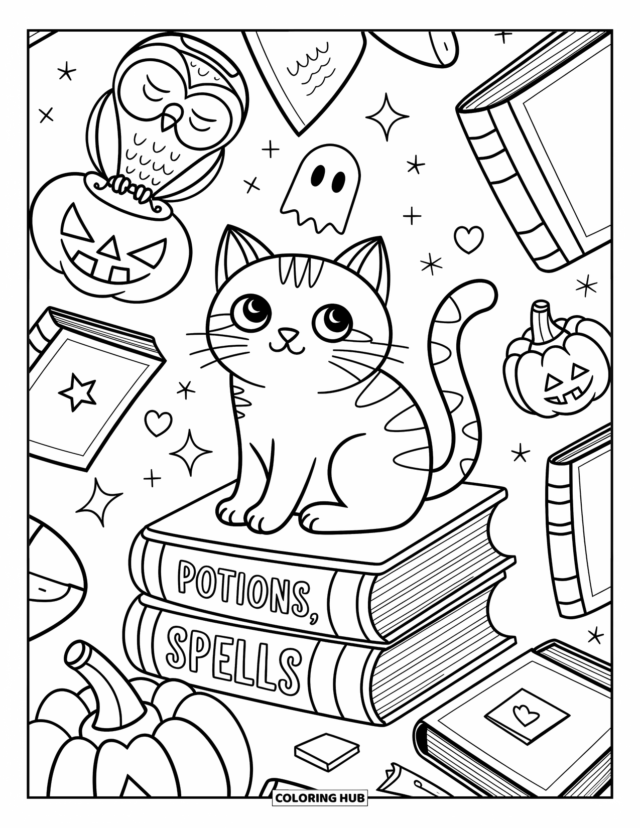 Halloween Cat Coloring Page for Adults: A cat rests on spell books with floating titles and an owl above a glowing lamp