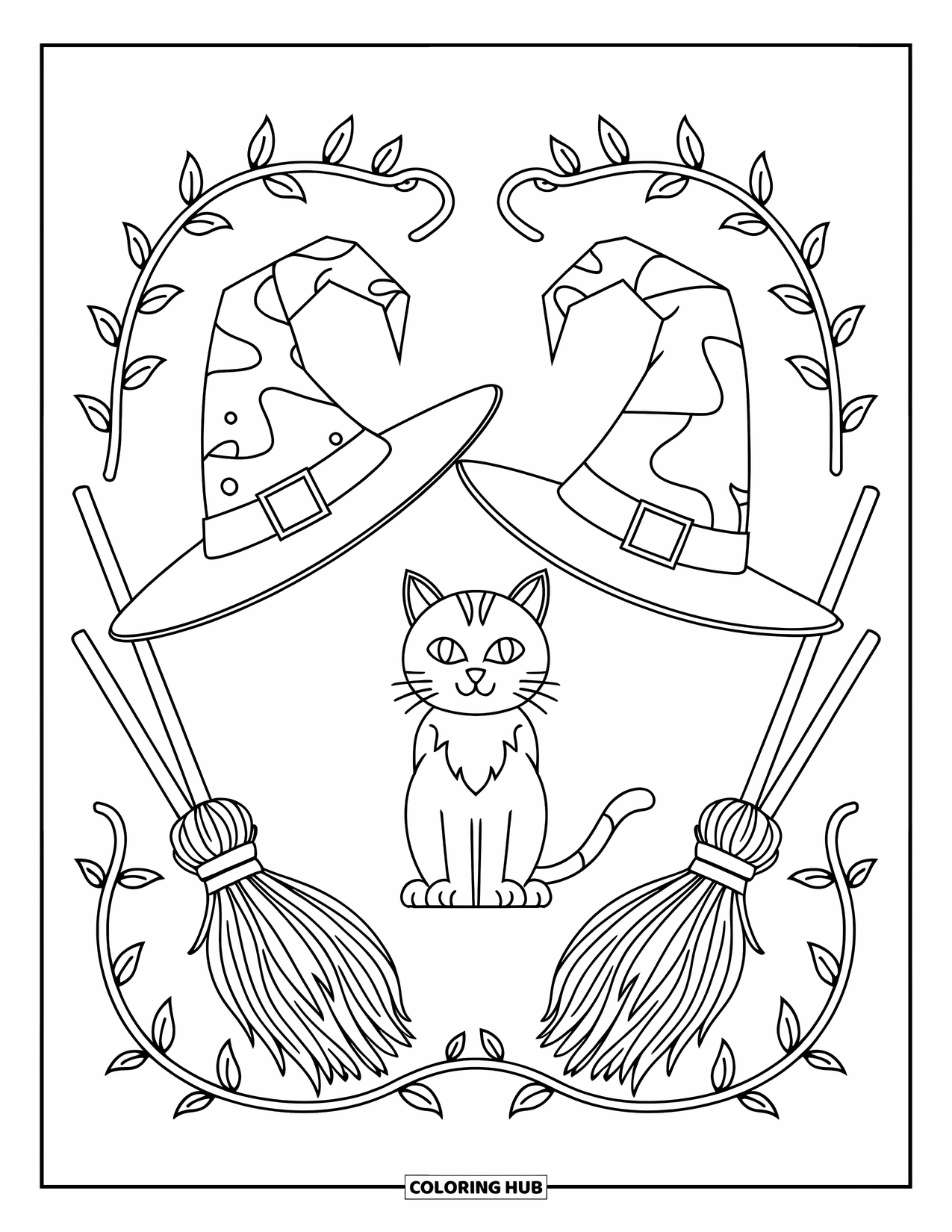 Halloween Cat Coloring Page for Adults: A cat sits quietly with witch hats, broomsticks, and swirling vines around it