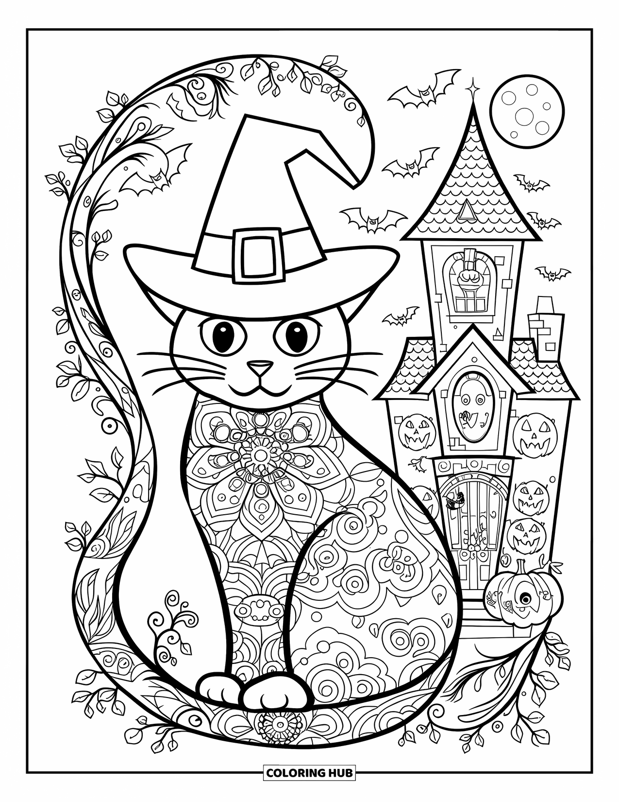 Halloween Cat Coloring Page for Adults: A costumed cat sits near a haunted house with mandalas, bats, and a full moon