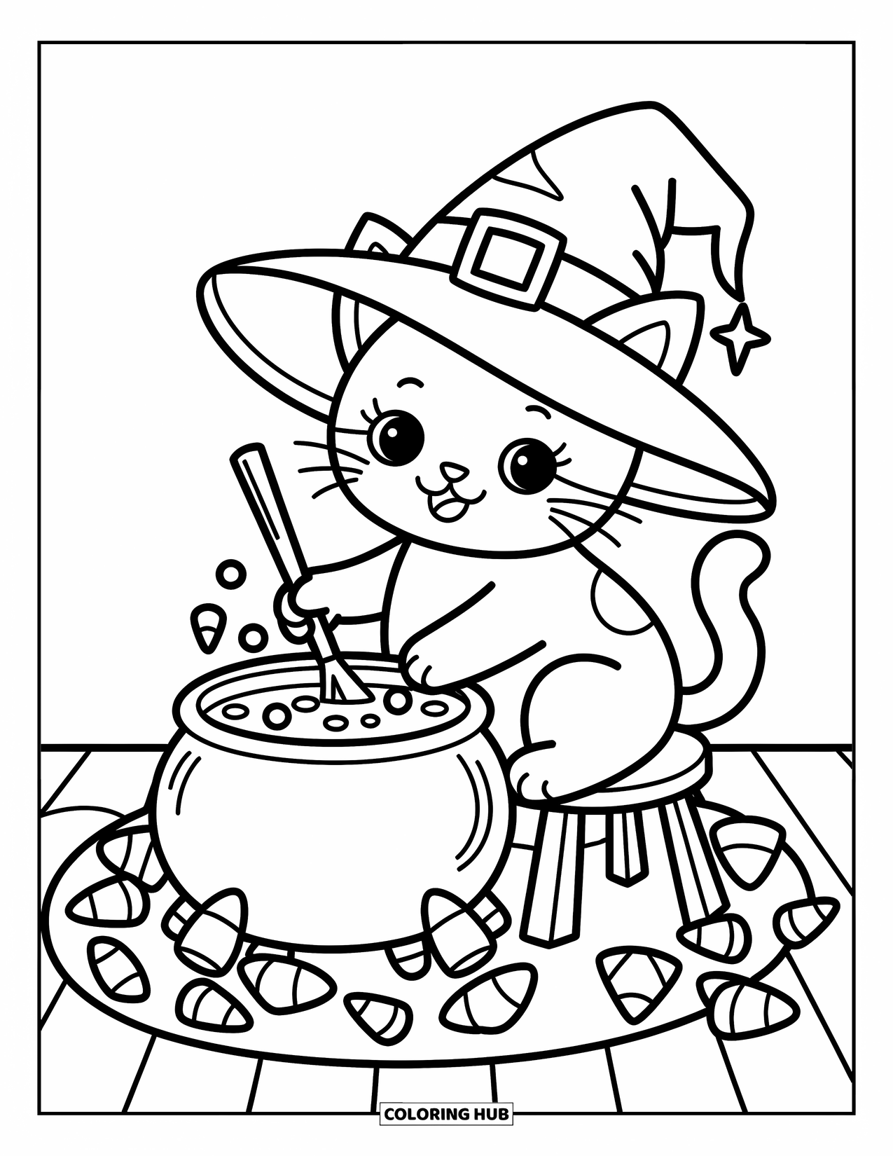 Halloween Cat Coloring Page for Adults: A cozy cat stirs a cauldron while sitting above candy and potion bottles