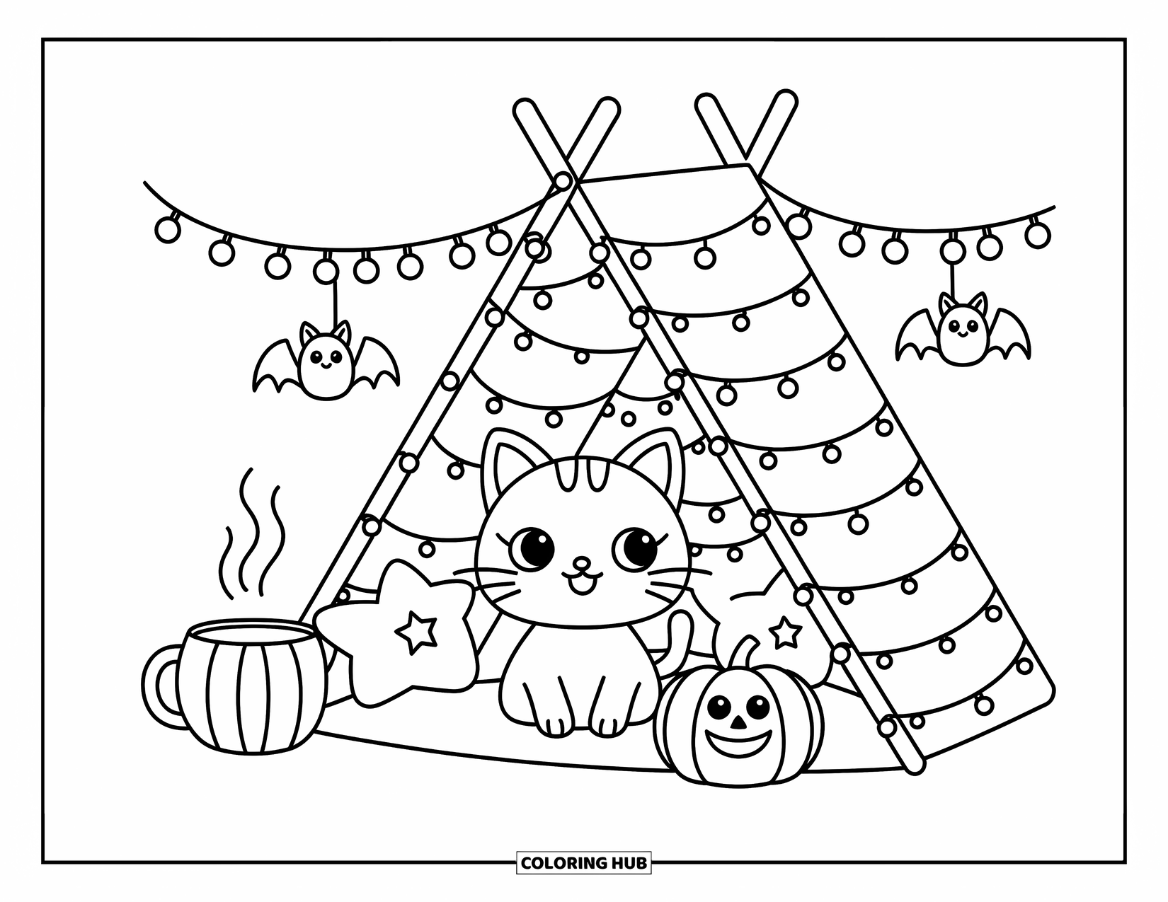 Halloween Cat Coloring Page for Adults: A cuddly cat snuggles inside a tent with lights, star pillows, and a warm teacup