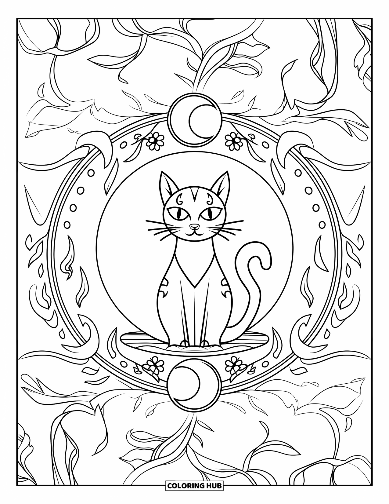 Halloween Cat Coloring Page for Adults: A curious cat sits on a disc, surrounded by detailed moon and vine designs