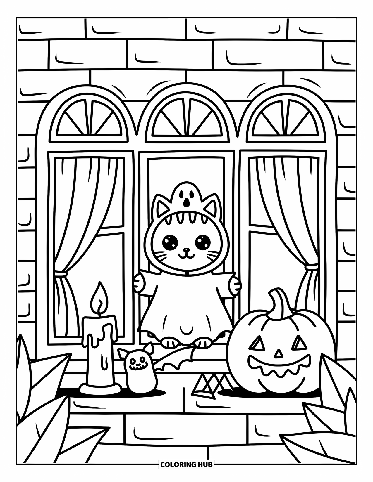 Halloween Cat Coloring Page for Adults: A ghost-hooded cat peeks from a haunted house window with plush toys and a candle