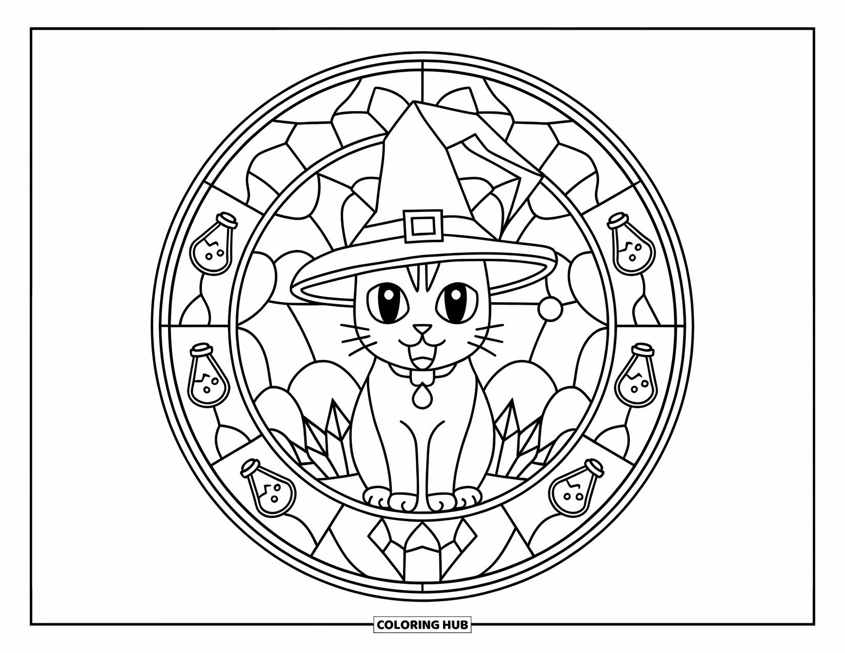 Halloween Cat Coloring Page for Adults: A Halloween cat sits inside a stained glass circle with potion bottles and crystals