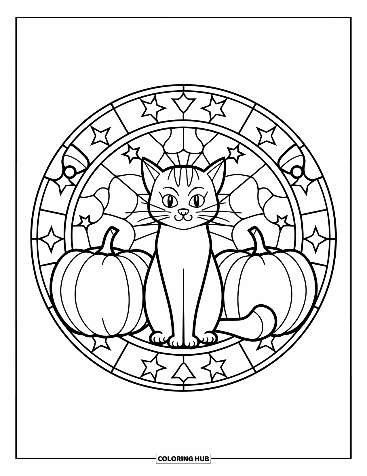 Halloween Cat Coloring Page for Adults: A Halloween cat sits still in a stained glass circle filled with stars and pumpkins