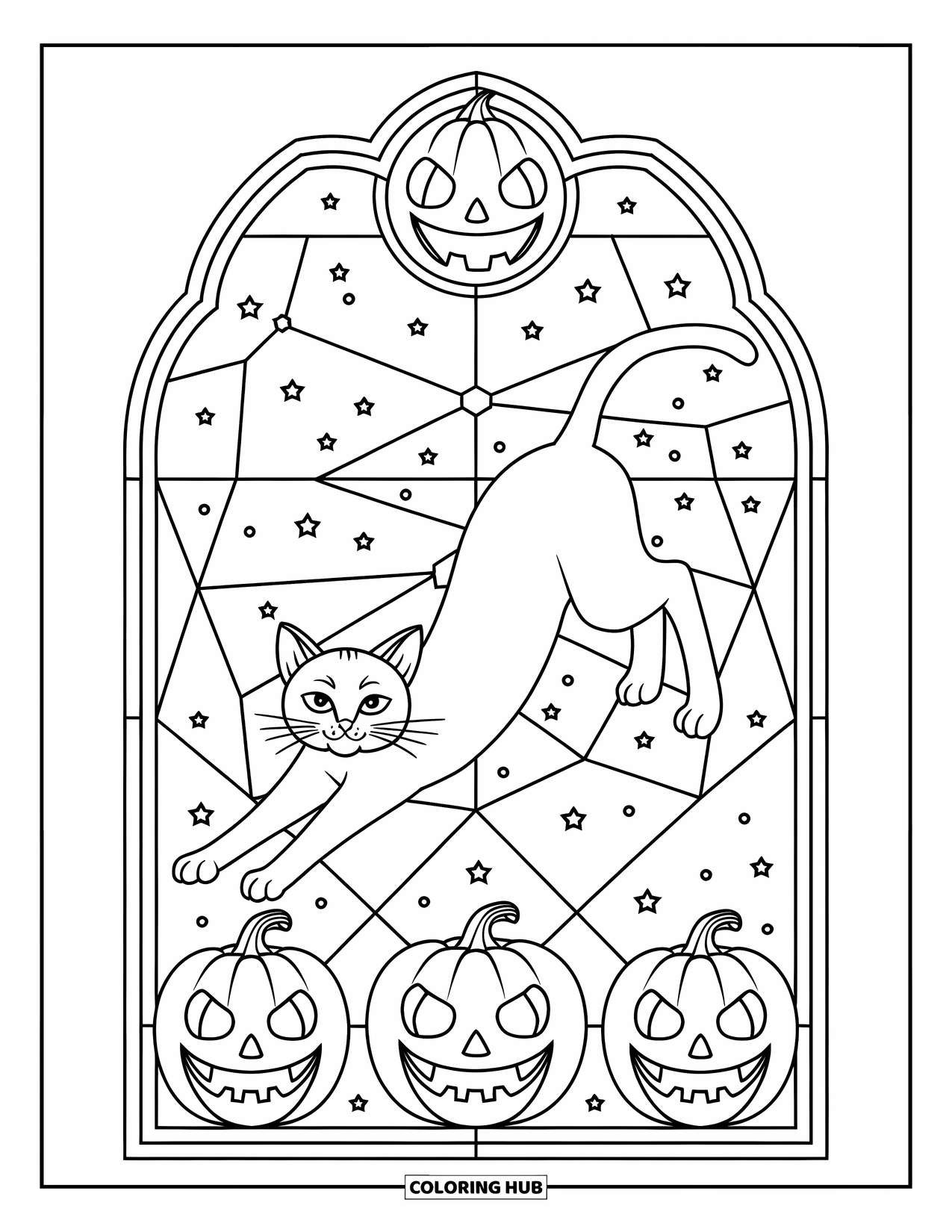 Halloween Cat Coloring Page for Adults: A Halloween cat stretches inside a detailed stained glass frame under a starry sky